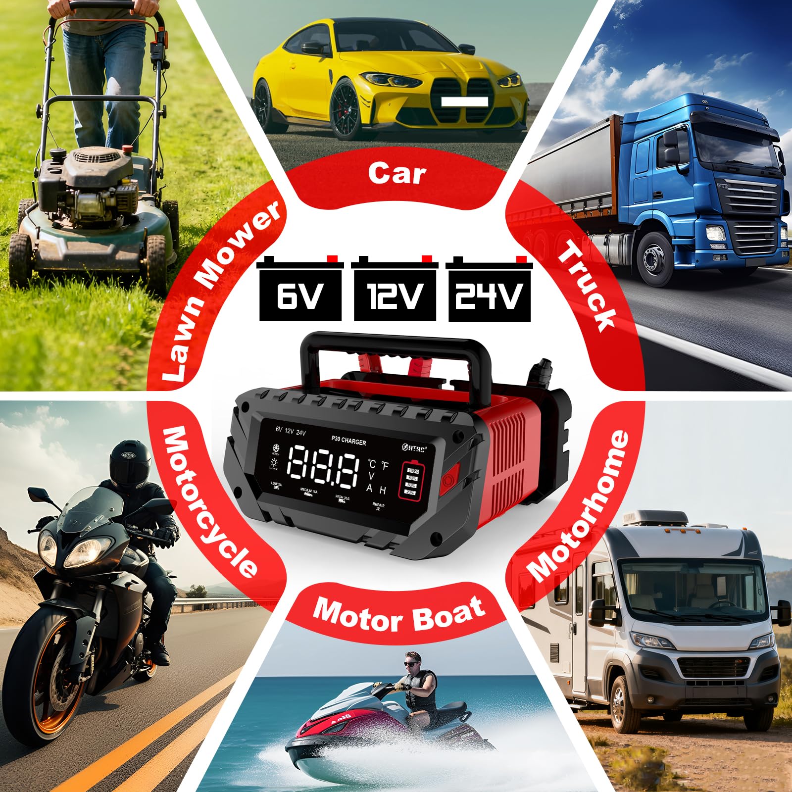 HTRC Cargador de batería de coche de 30 A, 6 V/12 V/24 V, mantenedor de batería, cargador de goteo y desulfatador de batería con pantalla LCD para barco, SUV, motocicleta, litio LiFePO4 y plomo-ácido