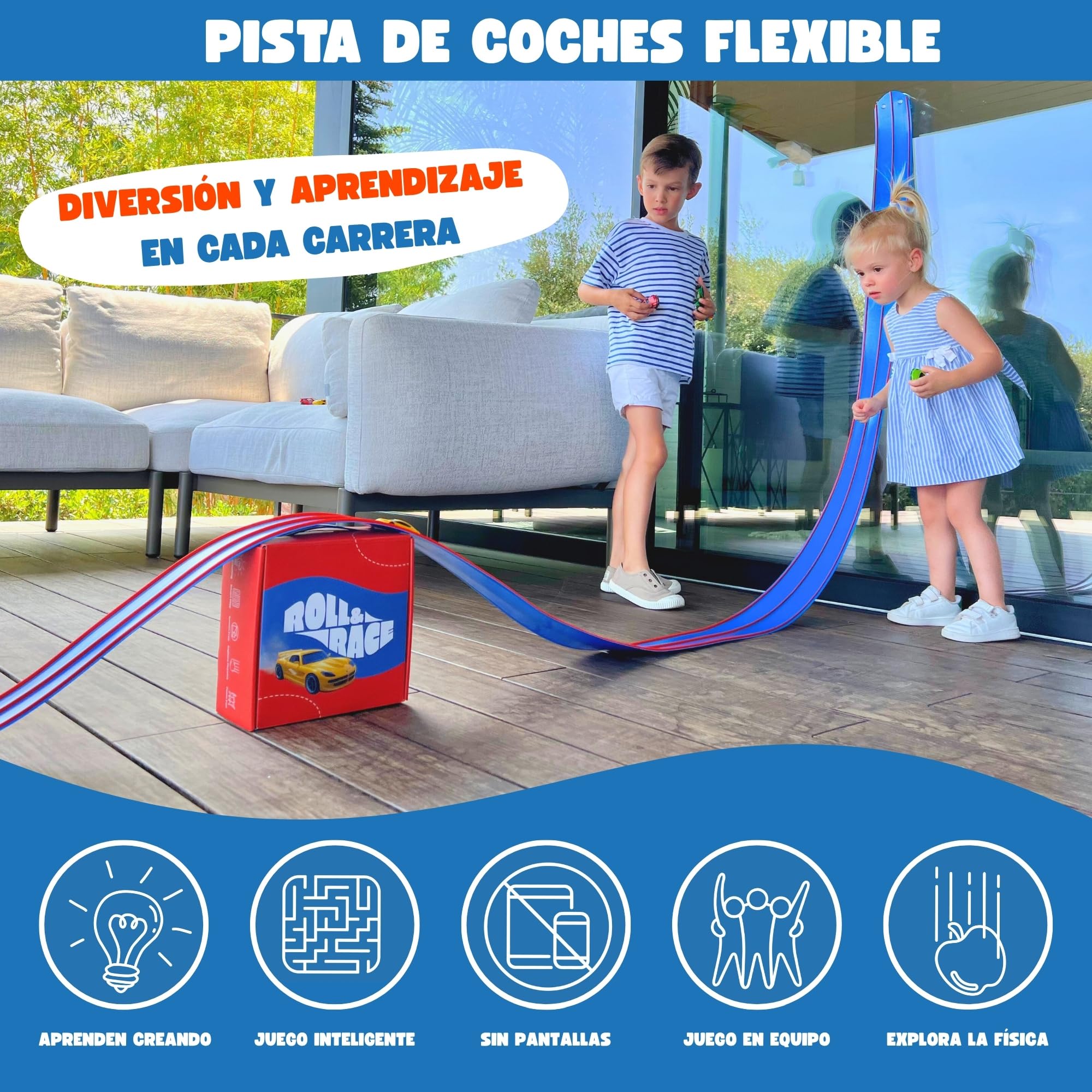 Roll&Race Pista de Coches Flexible y Enrollable 400cm – Fabricado en España - Circuito de Carreras de Goma - Flexible Car Track - Juguete Regalo Niño - Race Cars Wheels - Incluye Pieza Link&Race