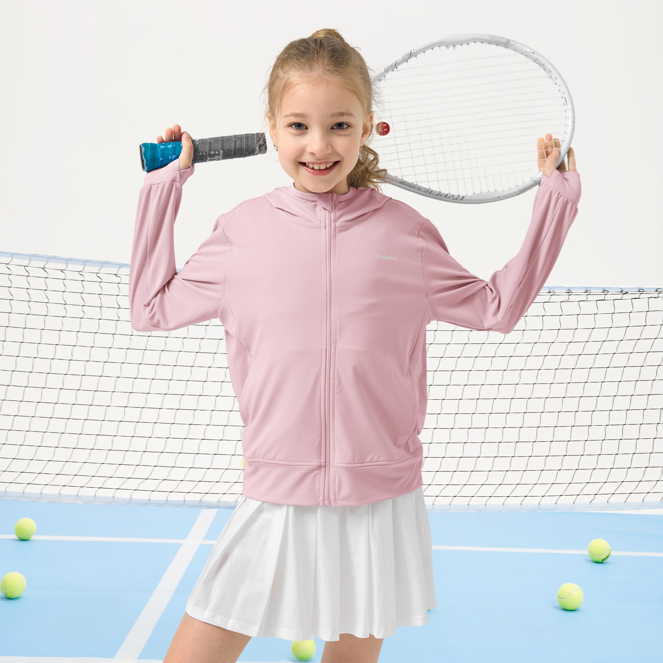 Rolanko Mädchen Sommerjacke mit Daumenlöchern Langarm Sonnenschutz Schnell Trocknend Reißverschluss Hoodie Kinder Rash Guard Tops