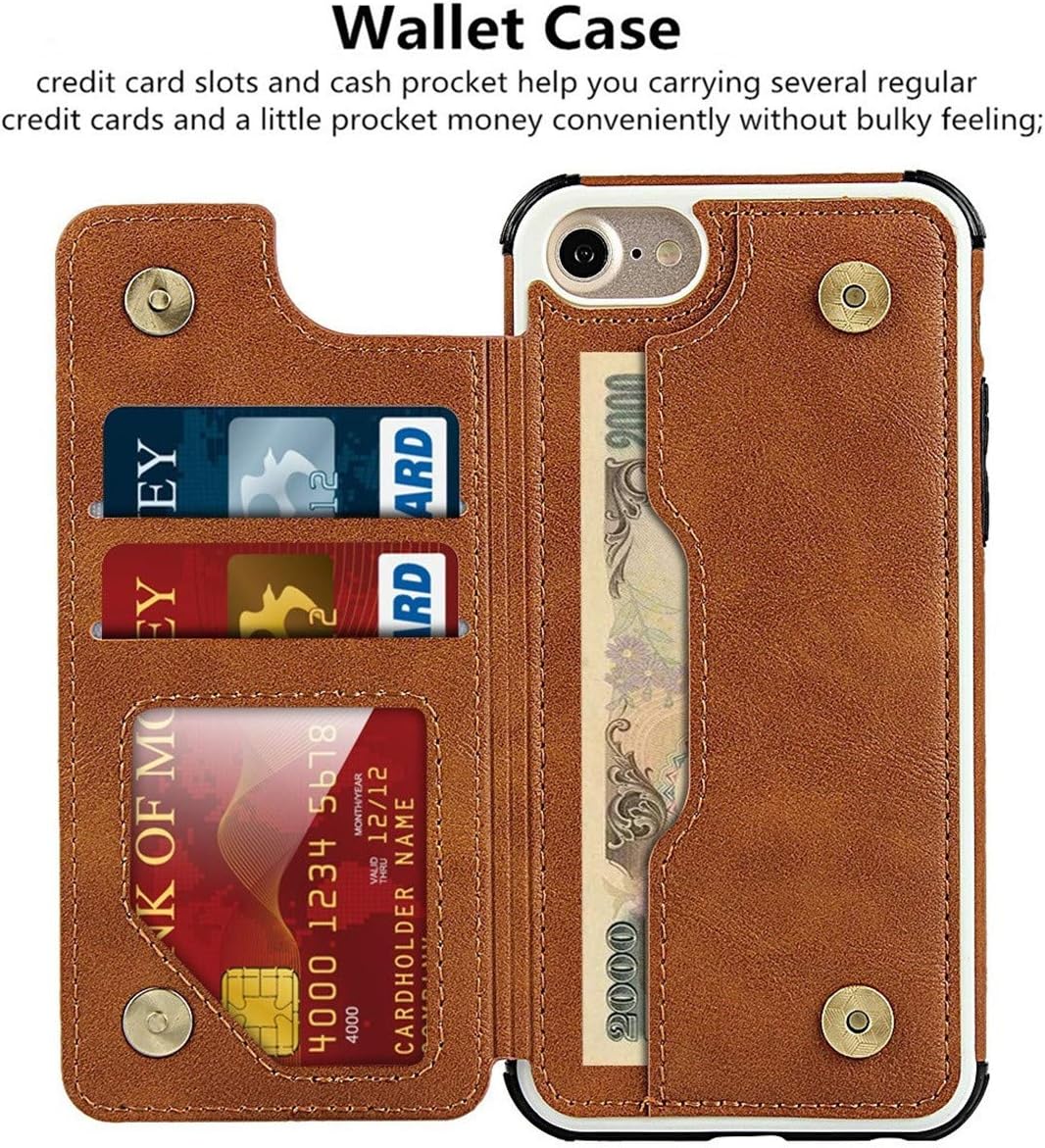 iCoverCase iPhone SE(2022)/SE(2020) iPhone 7/8/6/6s Wallet Case with Card Slots Holder and Wrist Strap Premium PU Leather Kickstand Magnetic Clasp Shockproof Flip Cover Case (Khaki)