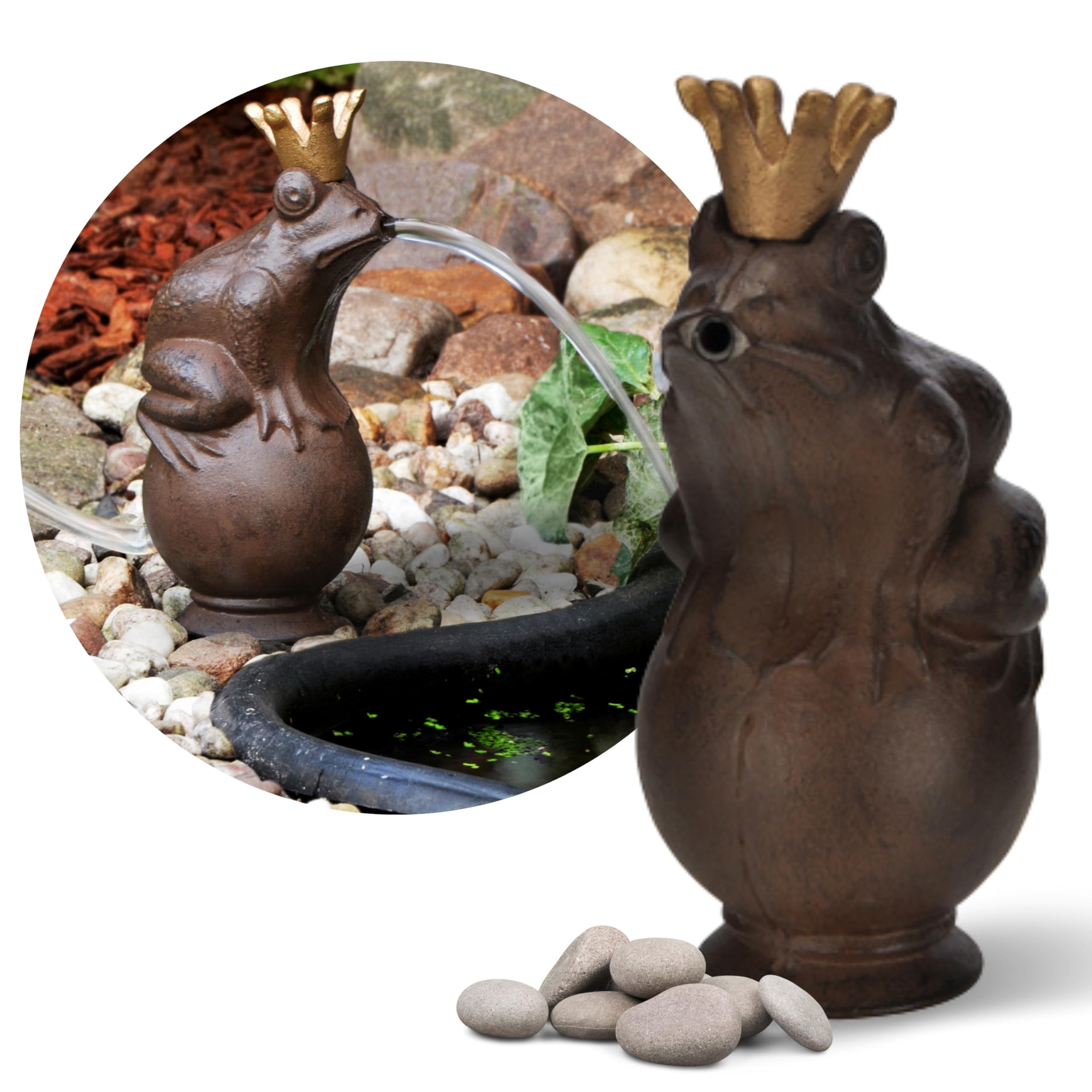 Schauer Wasserspeier Froschkönig/Frosch aus Gusseisen mit Elektro-Pumpe – Gartenfiguren für Gartenteich 22x11 cm - Frösche Deko Teichdeko Gartendeko Tiere Gartendeko Metall Teich Deko Garten
