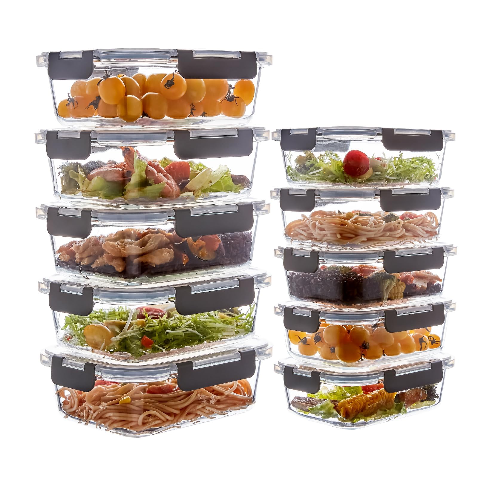 Paquete de 10 recipientes de vidrio para preparación de comidas, recipientes de vidrio para almacenamiento de alimentos con tapas, reutilizables, herméticos, a prueba de fugas, cajas Bento