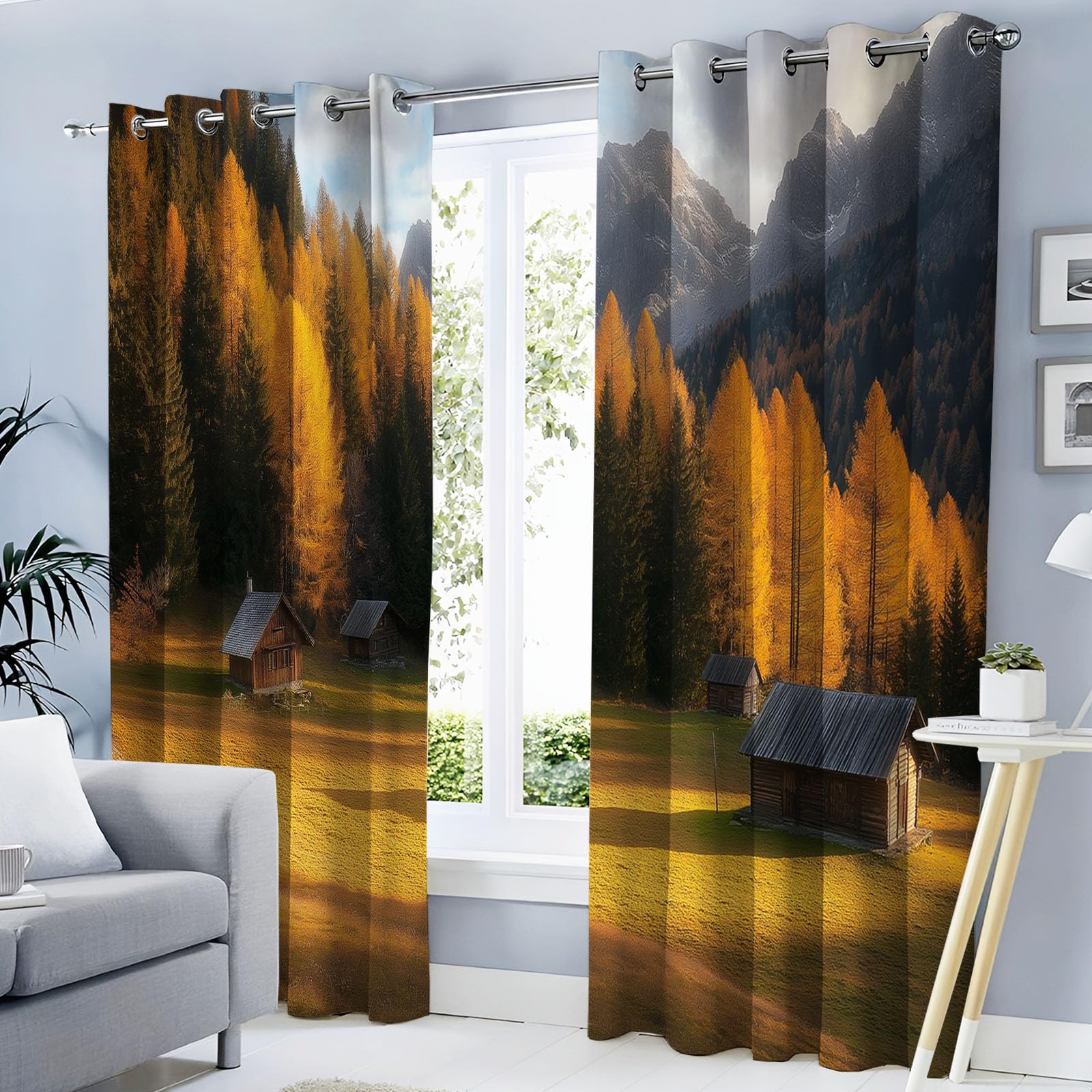 Rideau occultant paysage d'automne 140x200 lot de 2 rideaux opaque a oeillets de salon