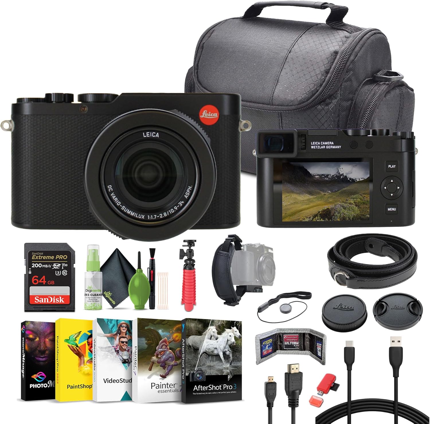 Leica D-Lux 8 Compact Digital Camera 17MP CMOS Sensor, 10.9-34mm f/1.7-2.8 Lens (19191) Bundle with 64GB Memory Card + Corel Photo, Video, & Art Suite Deluxe + Vlogging Tripod + More
