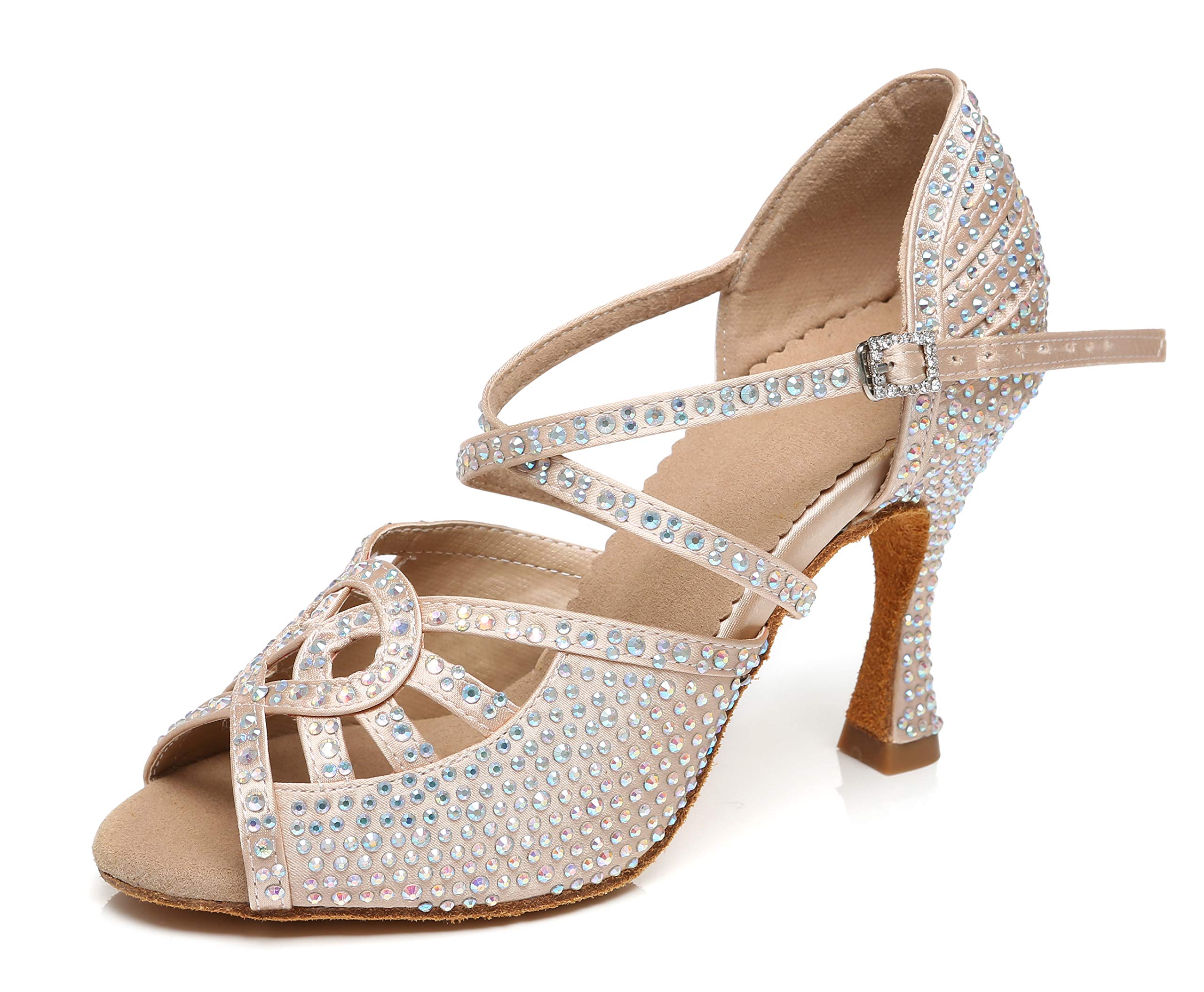 Minishion Dance Heel for Women Rhinestone Latin Shoes L466 Nude US 6