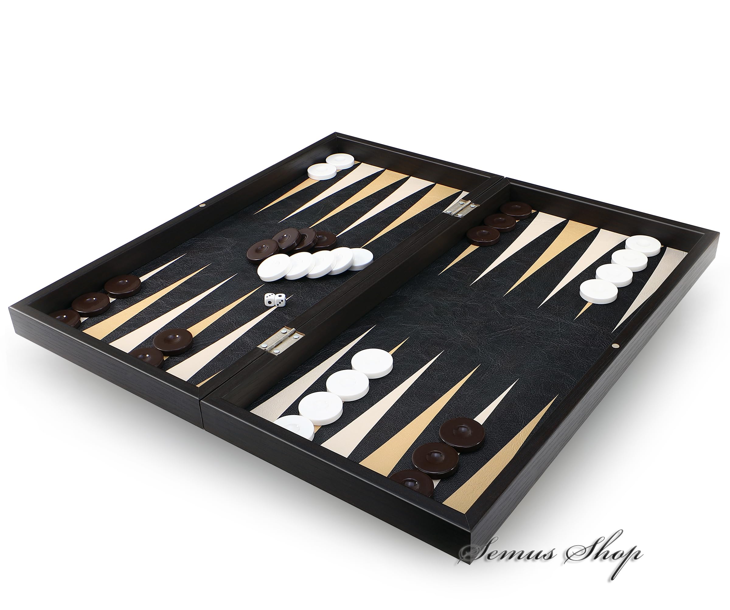 Backgammon de luxe XXL - Plateau de jeu classique en bois et cuir synthétique résistant aux rayures - 48 x 48,5 cm - Pliable avec fermeture magnétique - Pierres et dés inclus - Fait main en Turquie