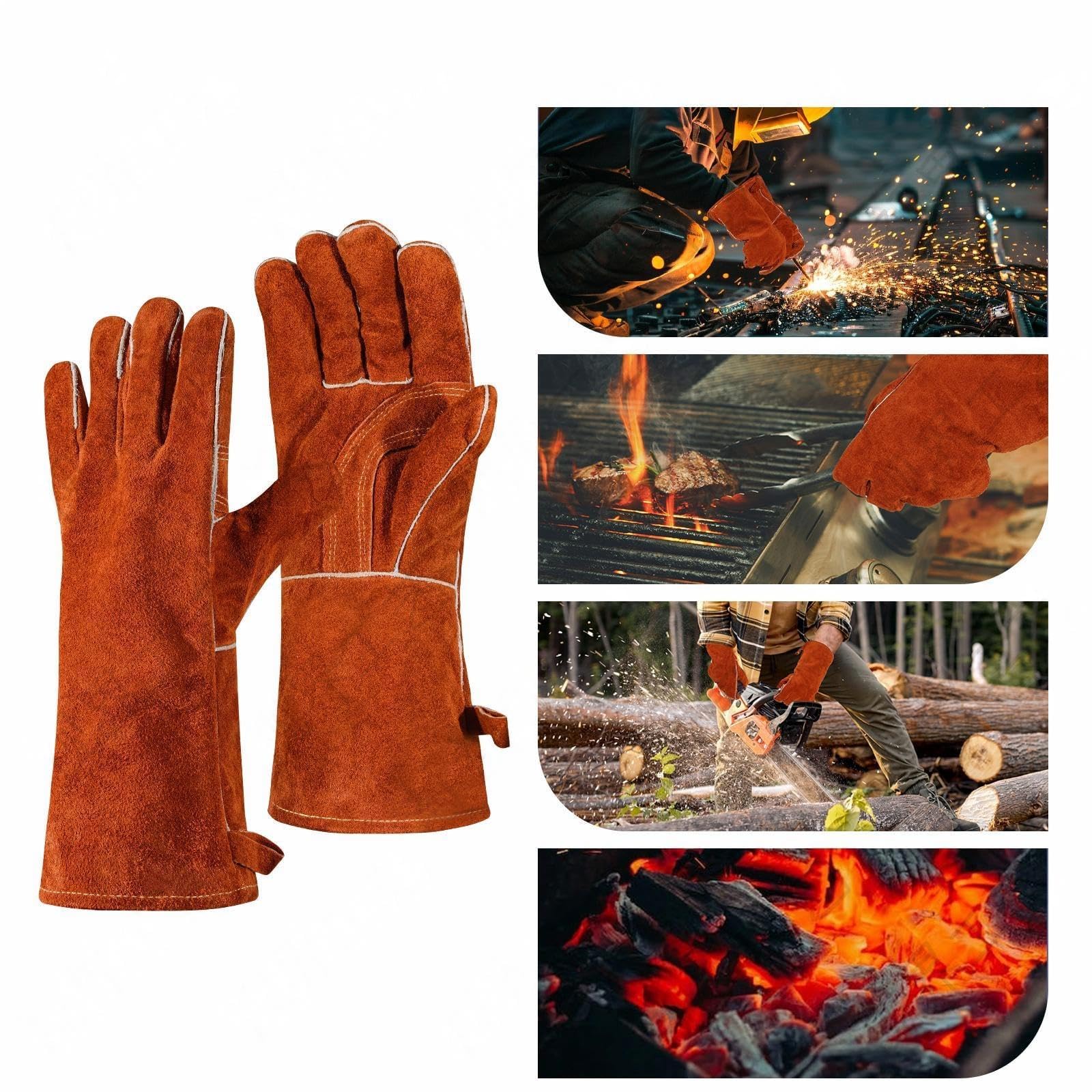 Enowelir Gants Résistants à La Chaleur Et Au Feu En Cuir De Vache, Pour La Cheminée, Le Four, Le