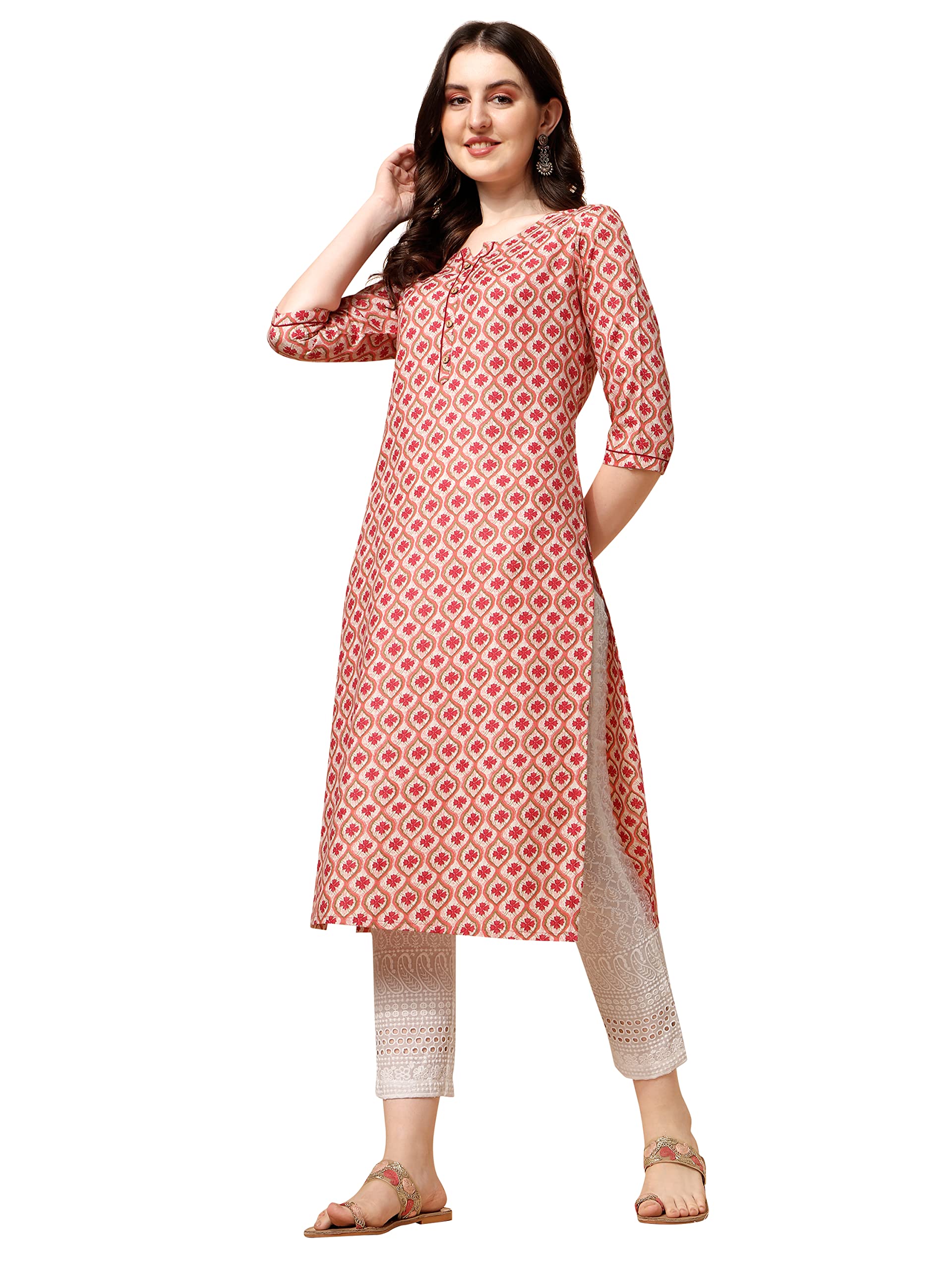 Nainvish Women's Cotton Blend Straight V-Neck Printed Kurta (Sd422_K-L_Red)