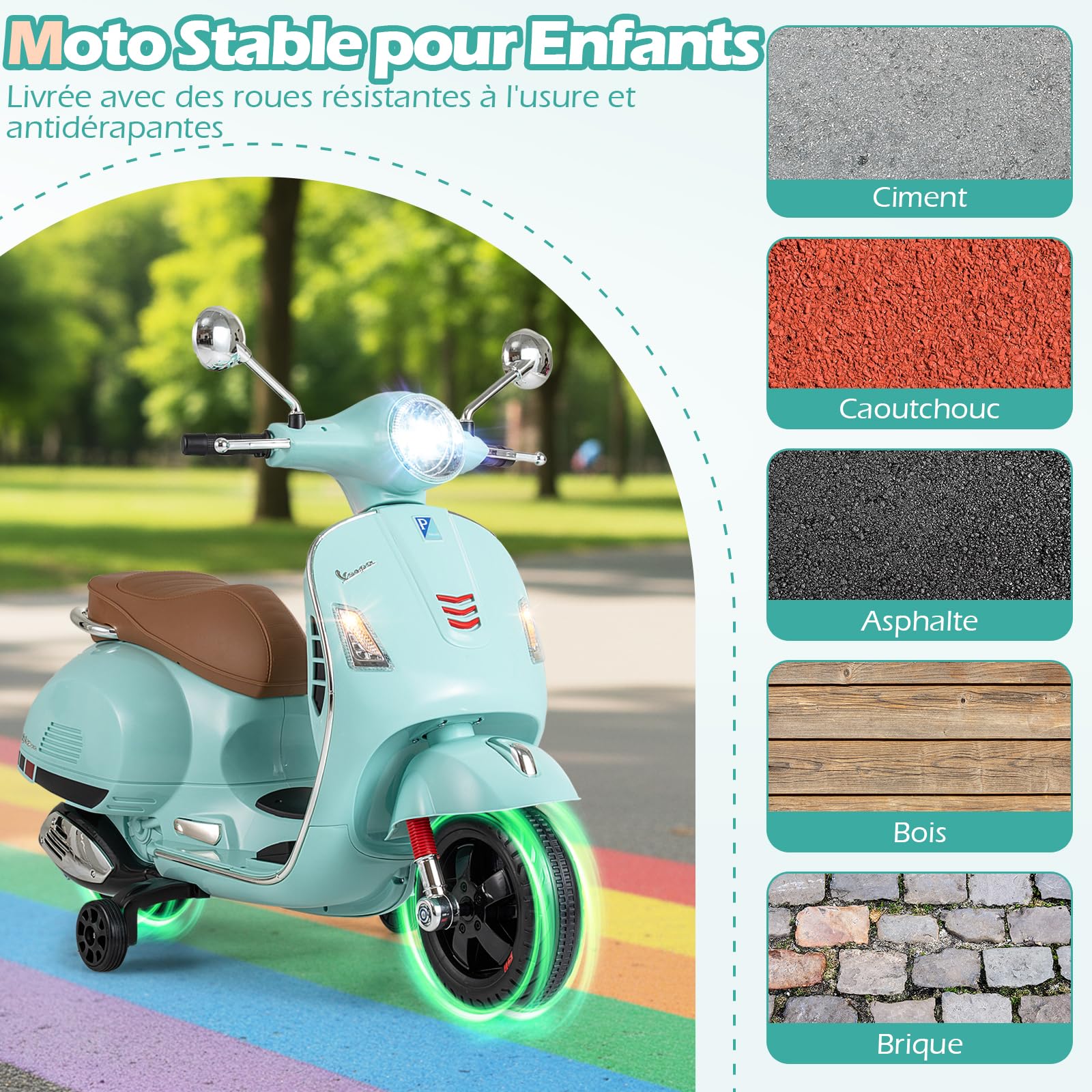 COSTWAY 12V Vespa Moto Électrique Enfant avec Musique Klaxon Histoires Phares LED, Voiture Électrique Enfant avec Roues d'Entraînement Amovibles et Pédale, 2-3 km/h, Charge 30 kg, 3-6 Ans (Vert)