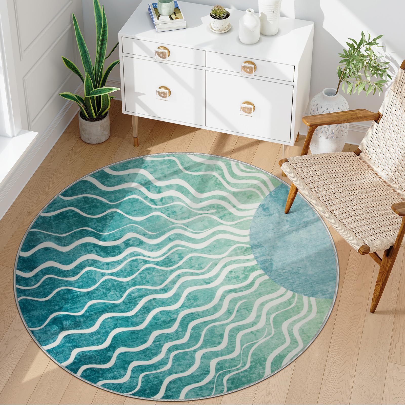 Wonnitar Sun Print Boho Round Rugs, 4ft Small Round Rug Washable Green Circle Carpet, Soft Non Slip 4 Feet Mid Century Circular Dining Room Carpet for