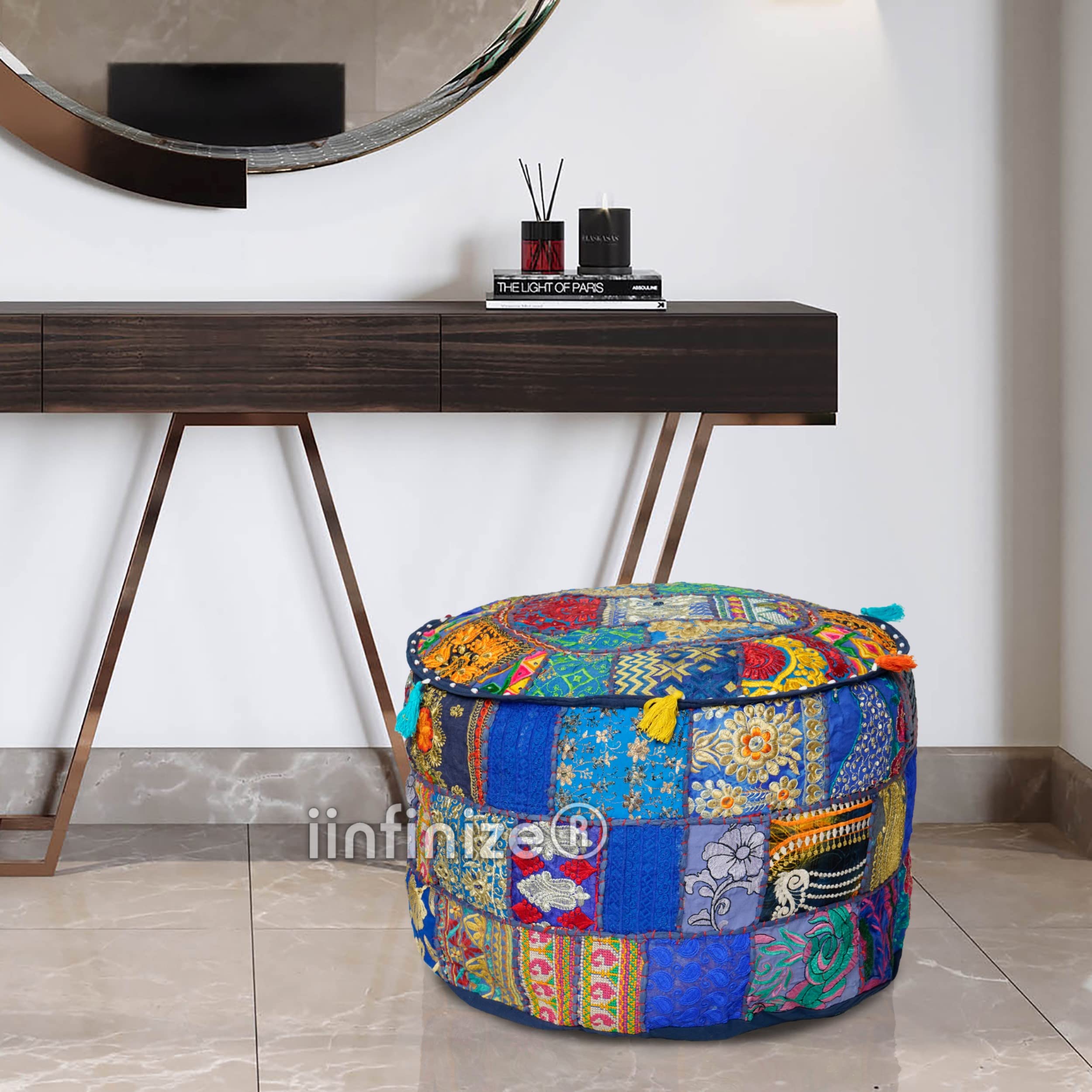 Hand Embroidered Ottoman Pouf Cover Khambadiya Round Pouf Cover for Home Decor Rajasthani Patchwork Foot Stool Cover for Festive Decor Sitting Floor Pouf Cover (16x16x14) Inch-image-47
