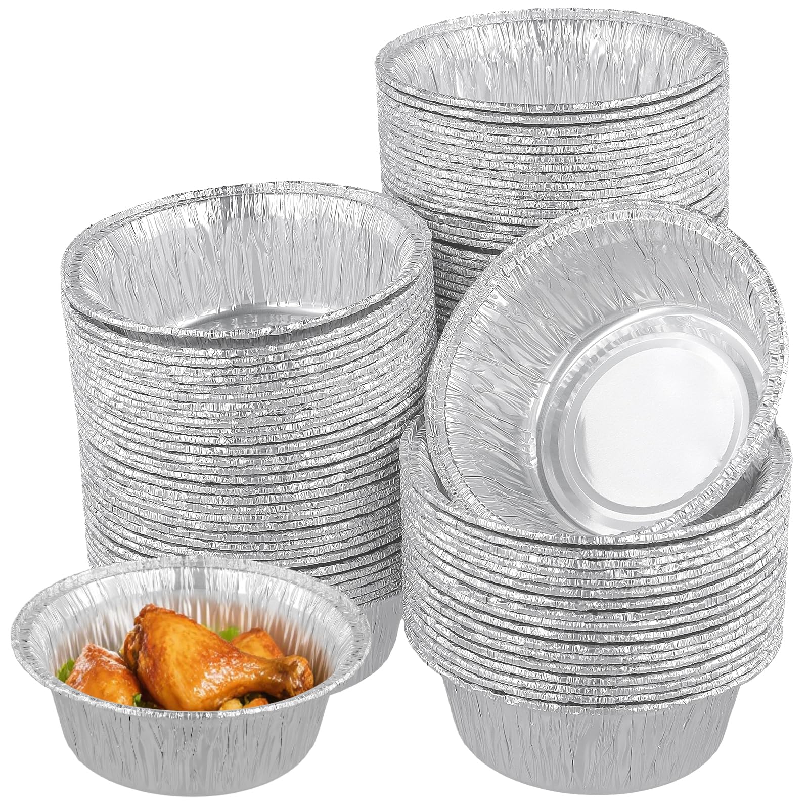 MUKCHAP Paquete de 200 platos de aluminio para tartas de 5 pulgadas, fundas redondas de aluminio de 12 x 8,8 x 4,5 cm, moldes de aluminio para hornear, barbacoa, camping