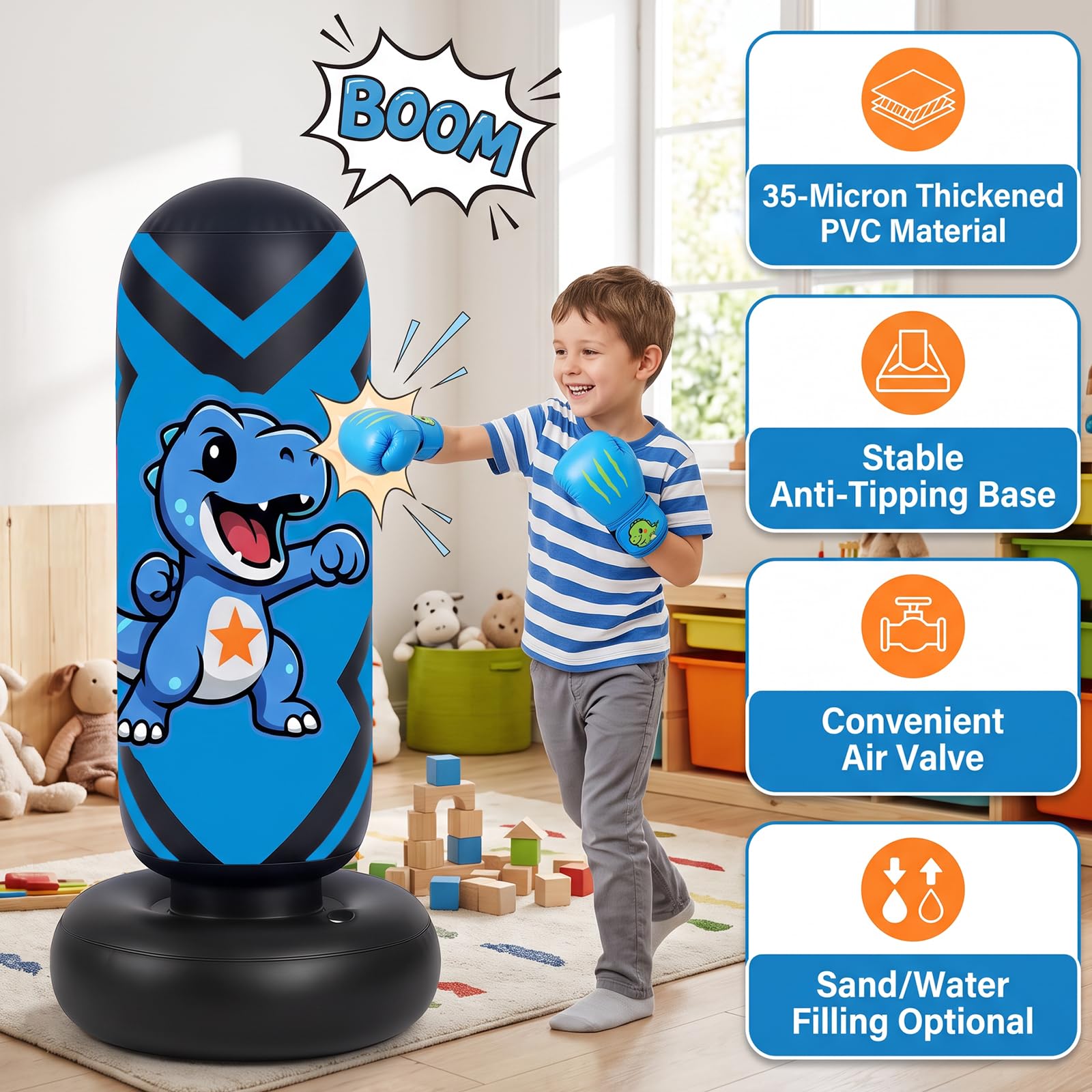 Ninonly 130cm Sacco da Boxe per Bambini Gonfiabile con Guanti e Pompa | Sacco Boxe da Terra per Bambini 3-8 Anni, PVC Resistente Punchball per Karate Taekwondo, Design Dinosauro Allenamento a Casa