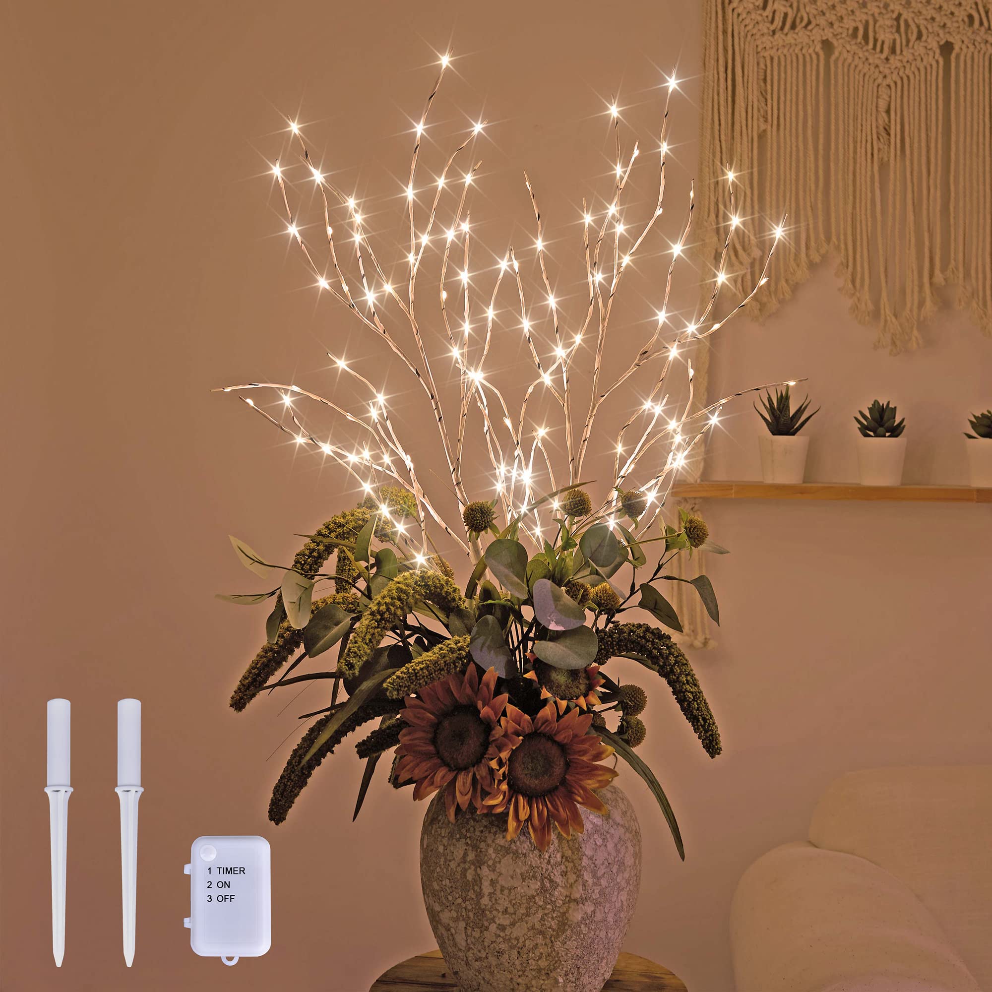 LIGHTSHARE Lighted 32IN Artificial Twig Birch Tree Branch with 120 Fairy LED Lights Battery Operated with Timer for Spring Thanksgiving Christmas Decoration Indoor Outdoor Sticks, White