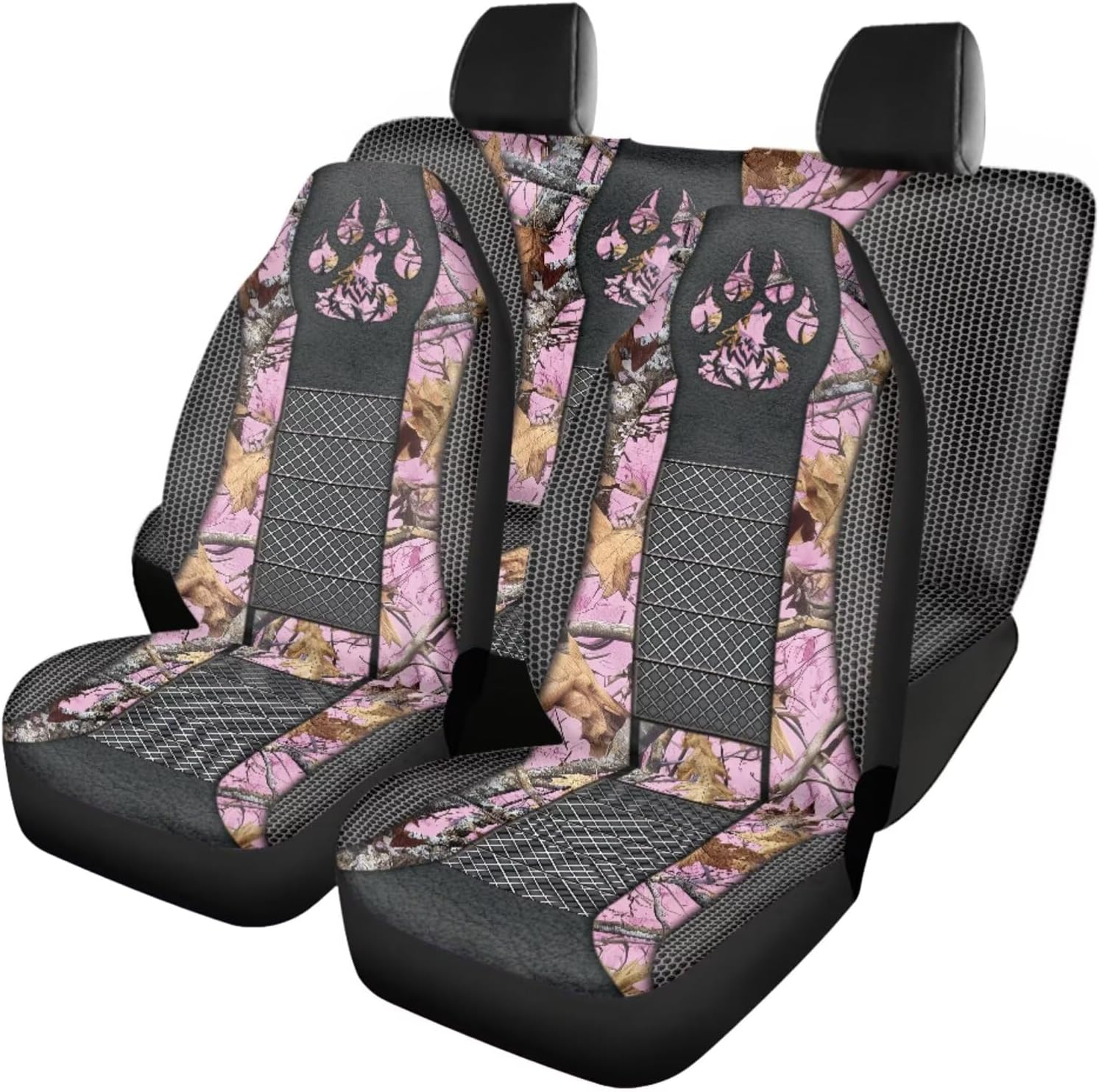 Bulopur Wolf Hunting Camo Car Seat Covers Full Set for Women Girly Automobile Interior Set 7 Pieces Front and Rear Split Bench Protection Fits for Most Car Van Sedan Truck SUV