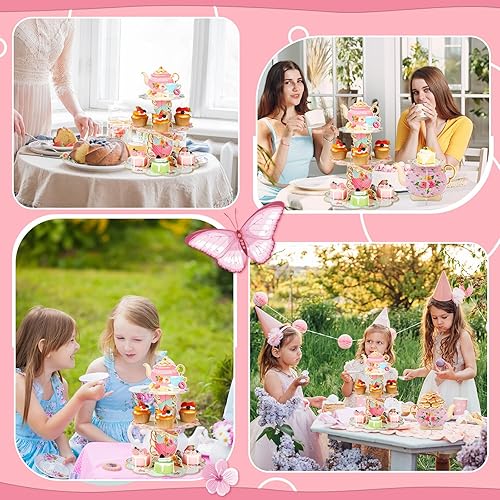 Miniatura 6 de Zopeal 2 piezas de decoración floral para cupcakes de fiesta de té de 3 niveles, soporte floral para cupcakes, torre de postre de cumpleaños floral