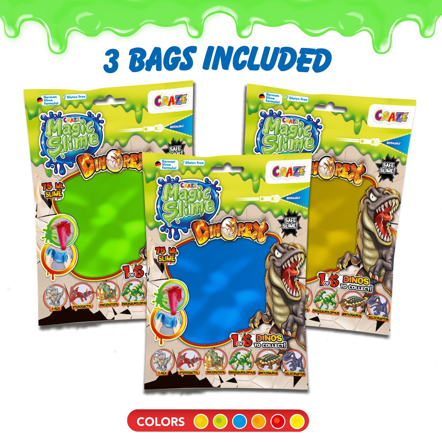 CRAZE Magic Slime 6 Foil Bag confezione di 75ml, include 1 statuina di Dinorex, Borsa di slime per bambini, Slime magico in una borsa Assortito