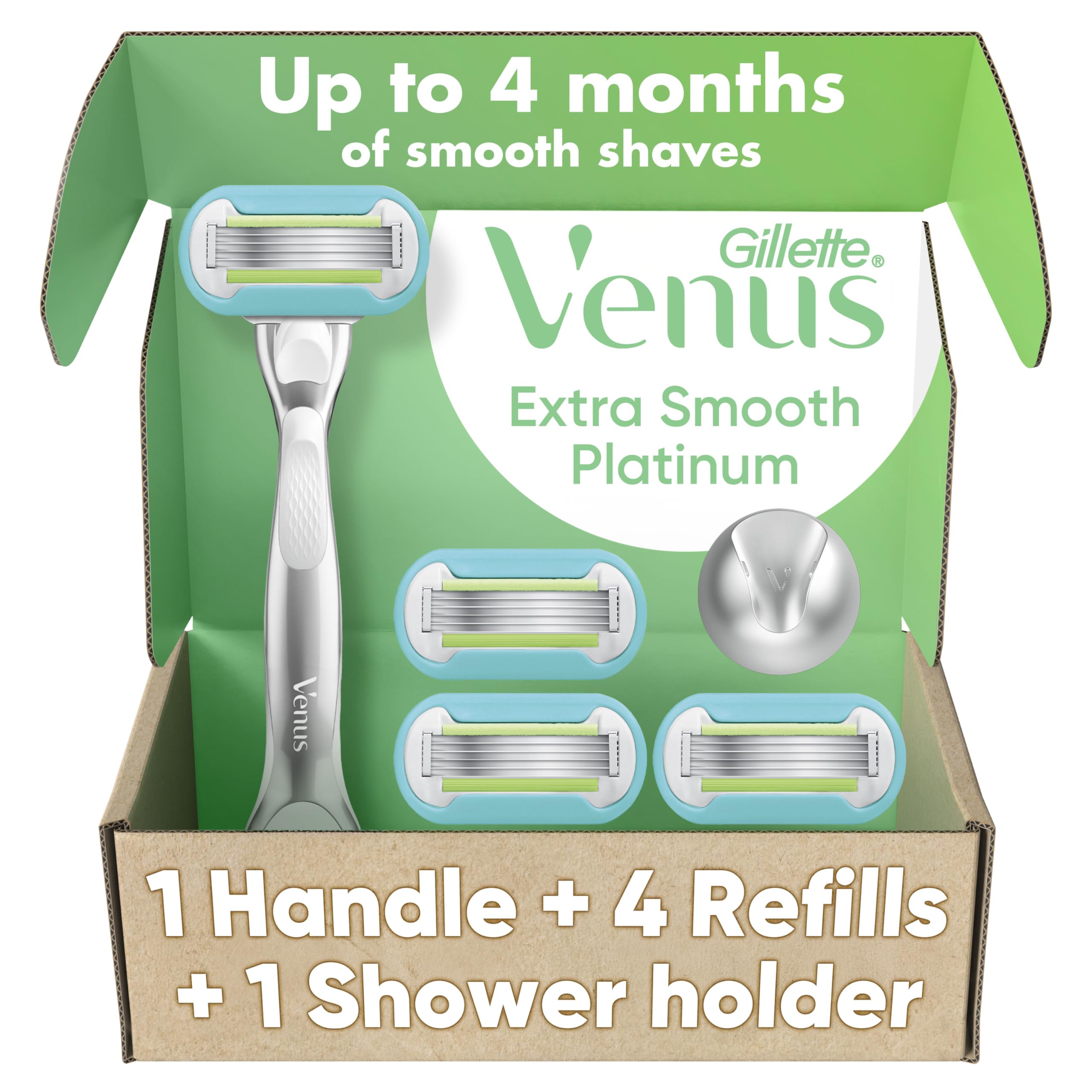 Platinum Extra Smooth Metal Handle Women's Razor Handle + 4 Blade Refills, Pivoting Head and Ribbon of Moisture