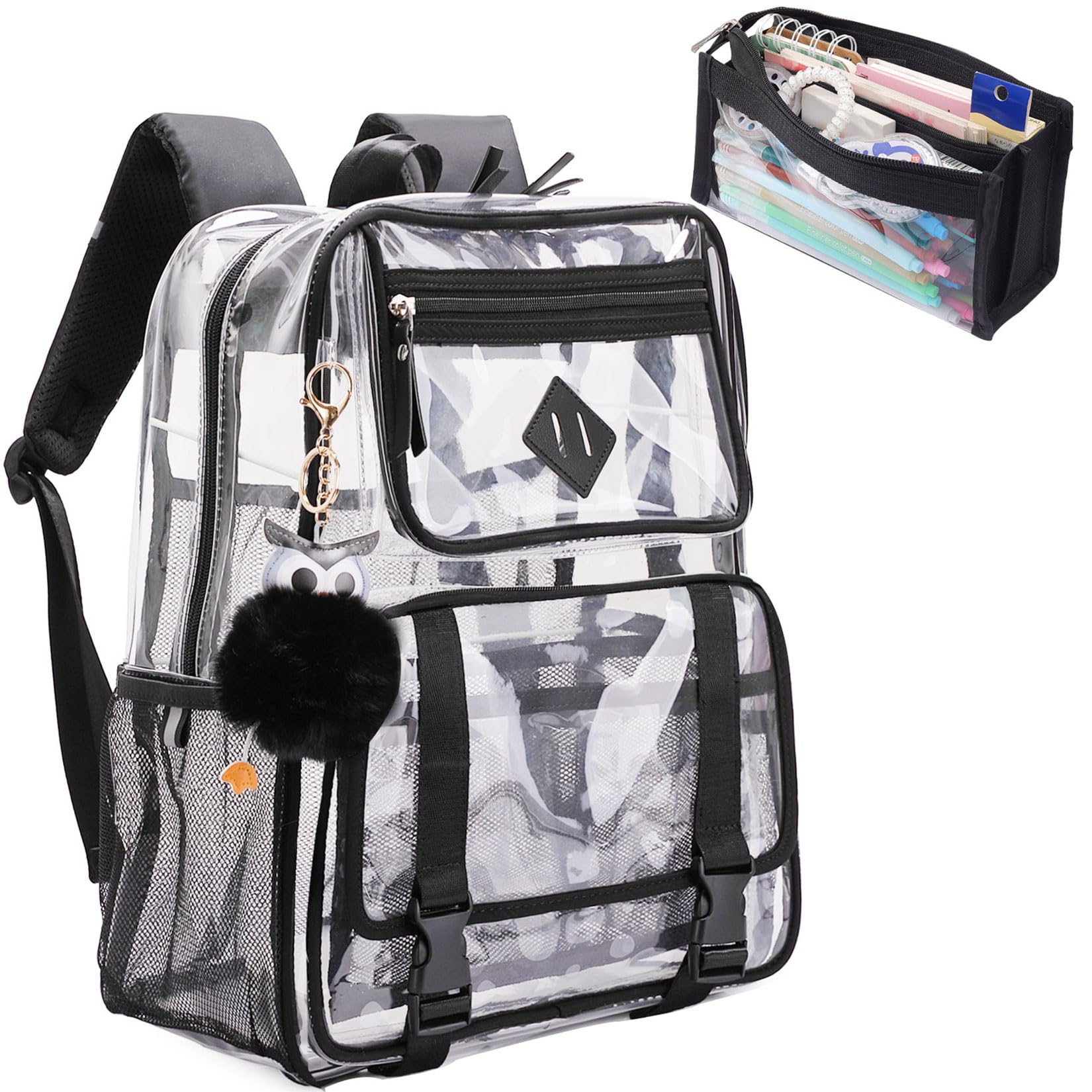 KEBEIXUAN Clear Backpack, Heavy Duty Clear Bookbag with Pencil Bag See Through Bag for Primary School College Work Festival Travel Security (Transparent Backpack Black-A)