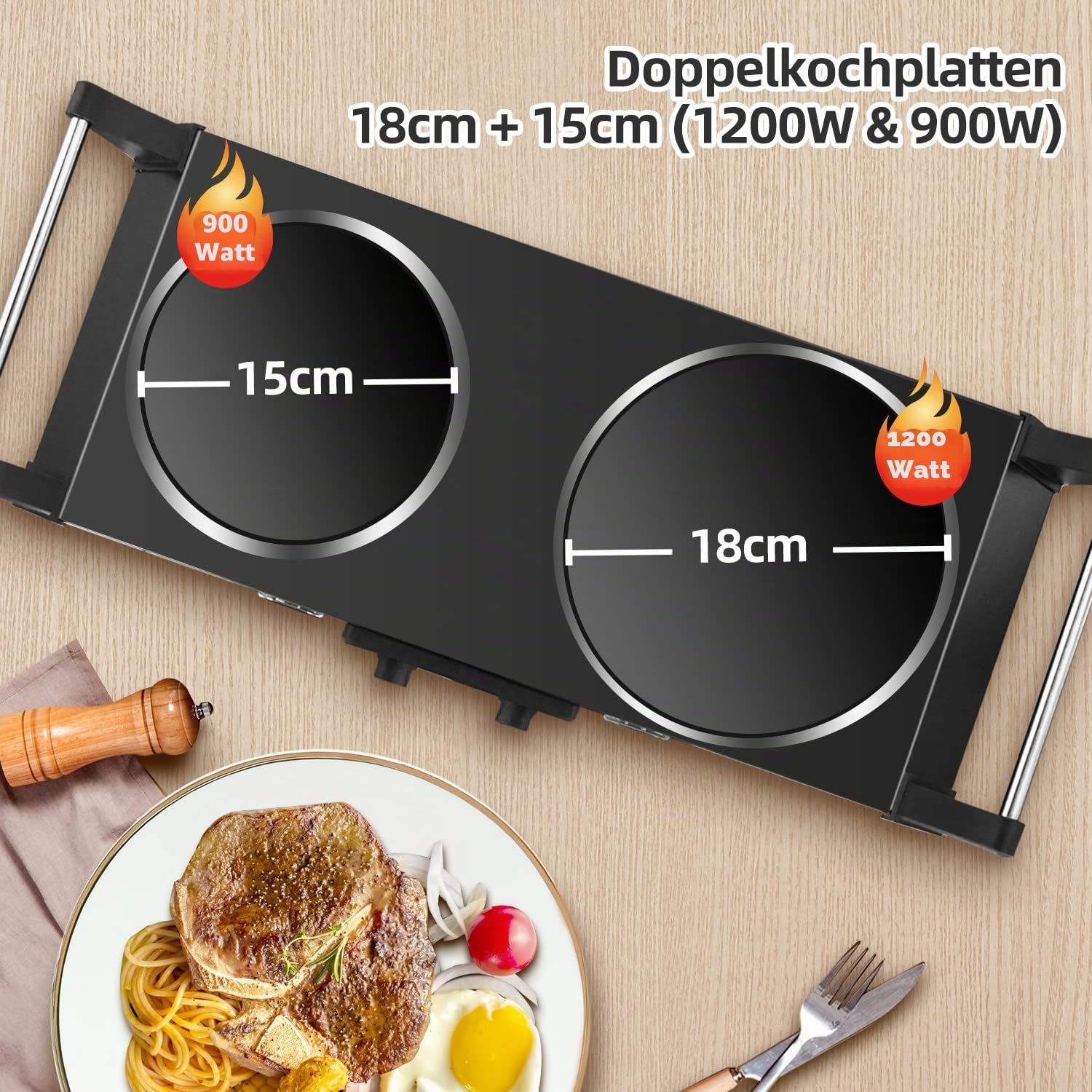 CUSIMAX Elektrische Kochplatte mit Kühlgriffen, 900 W + 1200 W, doppelte Infrarot-Kochplatte, tragbar mit einstellbarer Temperatur, 15 cm + 18 cm zum Kochen, kompatibel mit