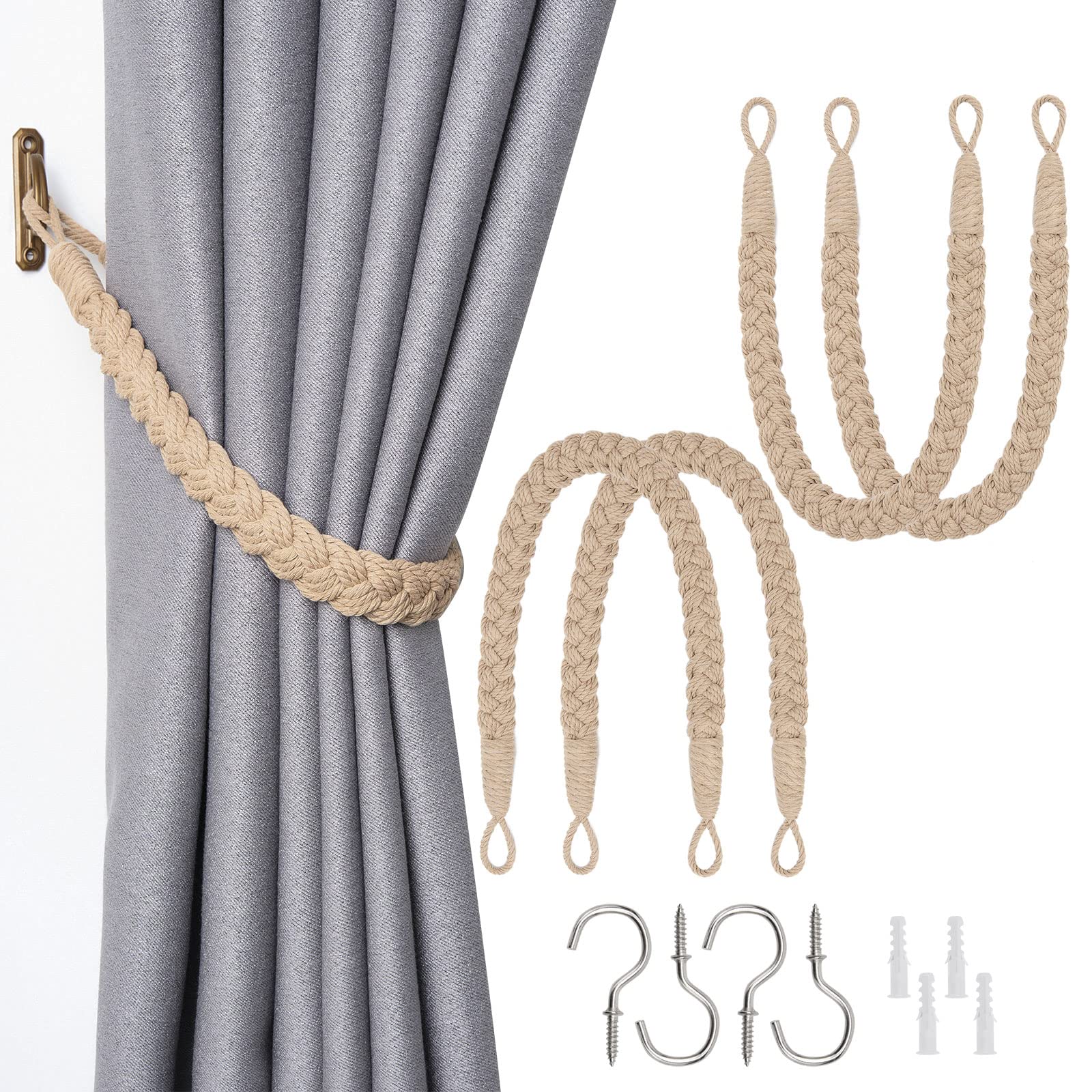 Pretty Jolly 4 Pack Natural Cotton Rope Curtain Tiebacks Elegant Boho ...