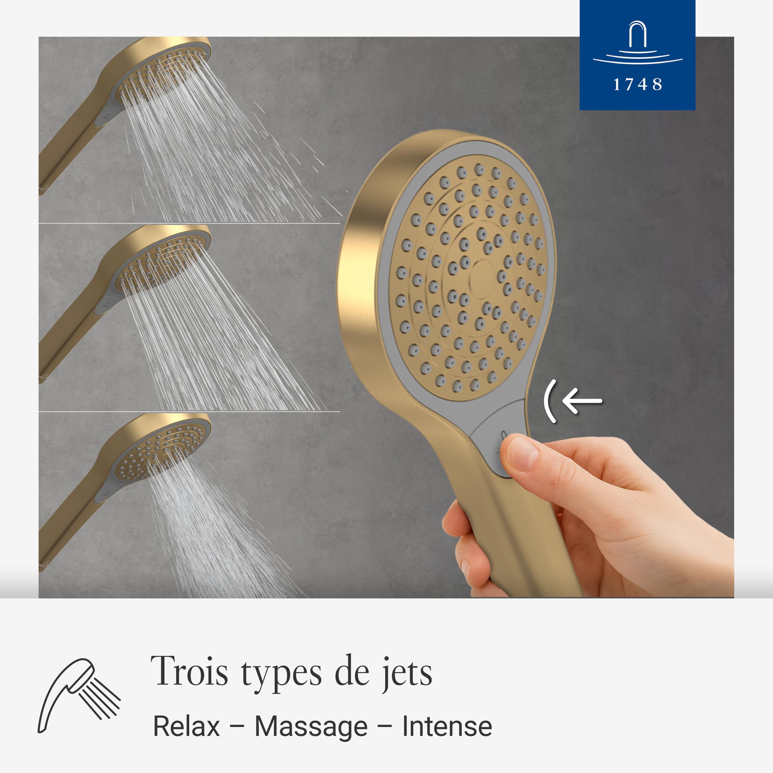 Villeroy & Boch Verve Showers Pommeau de Douche, douchette à main avec 3 types de jets, réglable par simple pression d'un bouton, EasyClean, économie d'eau – Or brossé