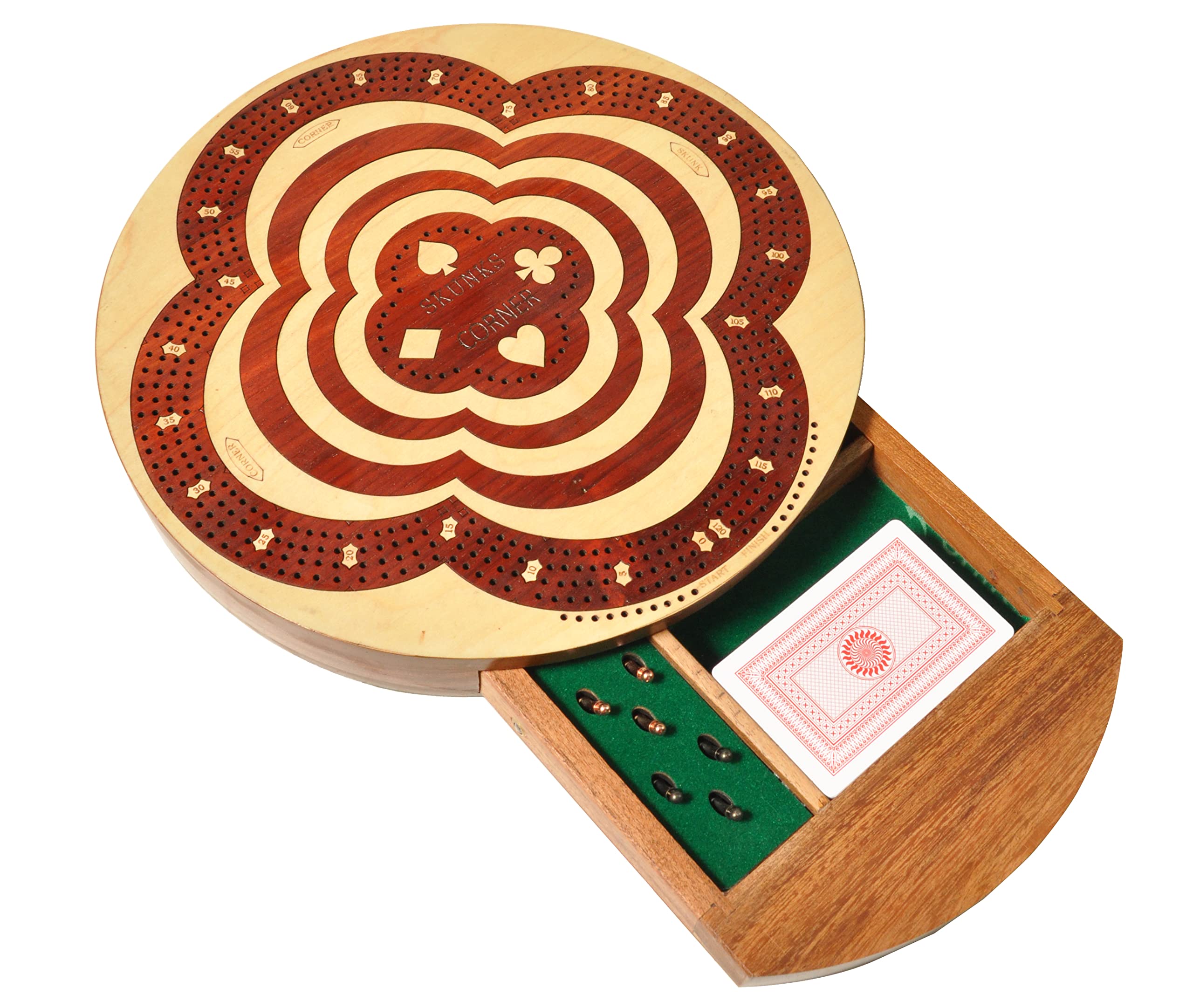 PALM ROYAL HANDICRAFTS Continuous 4 Track Wooden Cribbage Board with Push Drawer - Round Shape Flower Track Cribbage, Storage Available to Store Cards and pegs (11x11 inches).