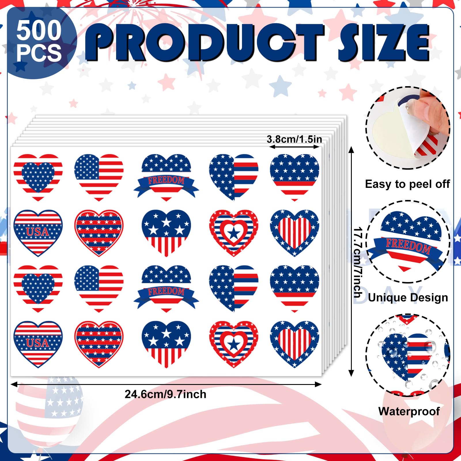JarThenaAMCS 500Pcs Patriotic Stickers American Flag Stickers Self Adhesive Stars Stripes Heart Shaped Label Stickers Decal for Independence Day Envelope Invitation Card Gift Tag Party Decor - Image 2