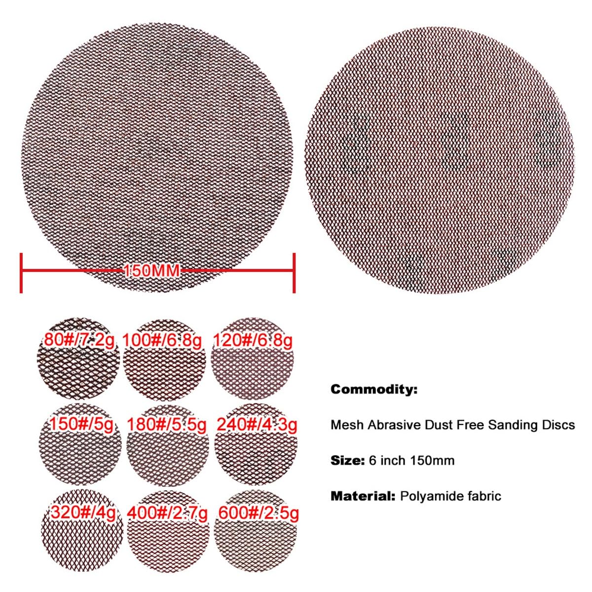 Bezpyłowe tarcze szlifierskie o średnicy 6 cali – papier ścierny z haczykiem i pętelką 150 mm, 20 szt.,(320grit)
