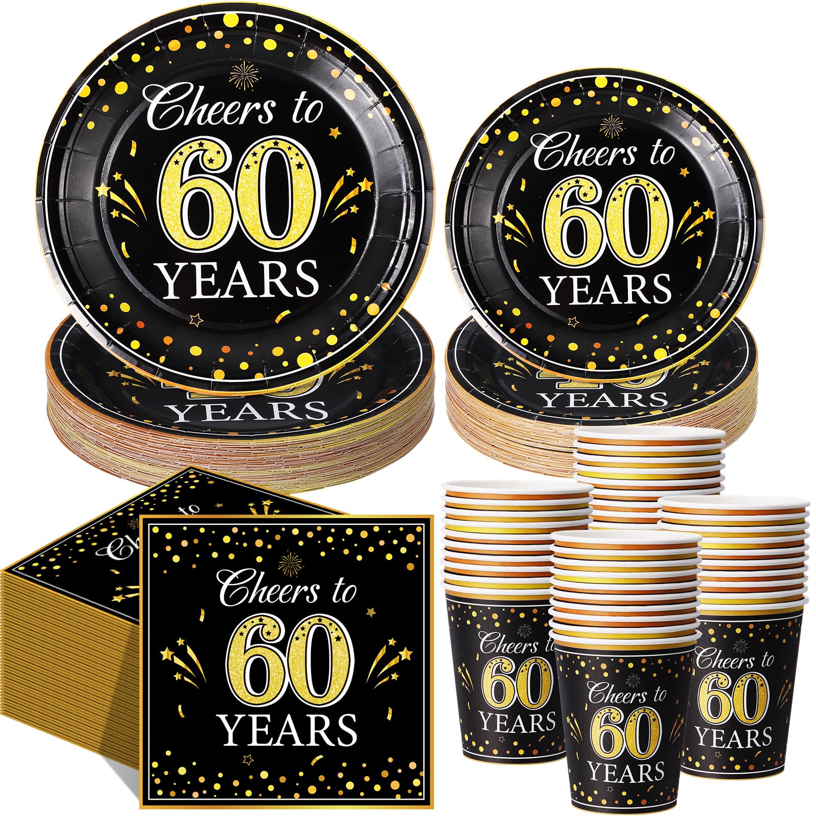 Pickmesh 250 Pcs 60th Birthday Party Supplies Decorations Serve 50 Black Gold Cheers to 60 Years Disposable Paper Plates Napkins and Cups for Women Men 50th Birthday Wedding Anniversary Party Supplies