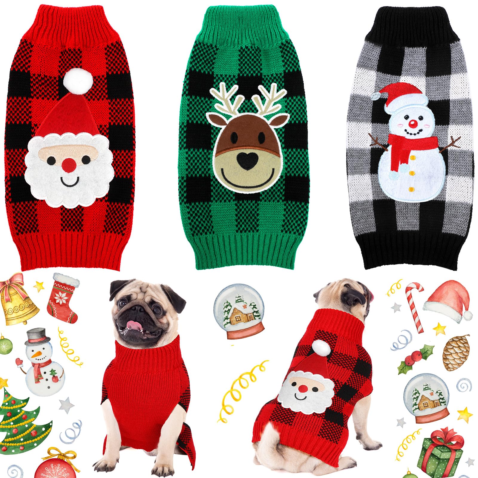 Sanwuta 3 Pack Dog Christmas Sweater, Santa Reindeer Snowman Knitted Sweaters for Dogs, Christmas Holiday Xmas Winter Party Outfit Costume Photo Props