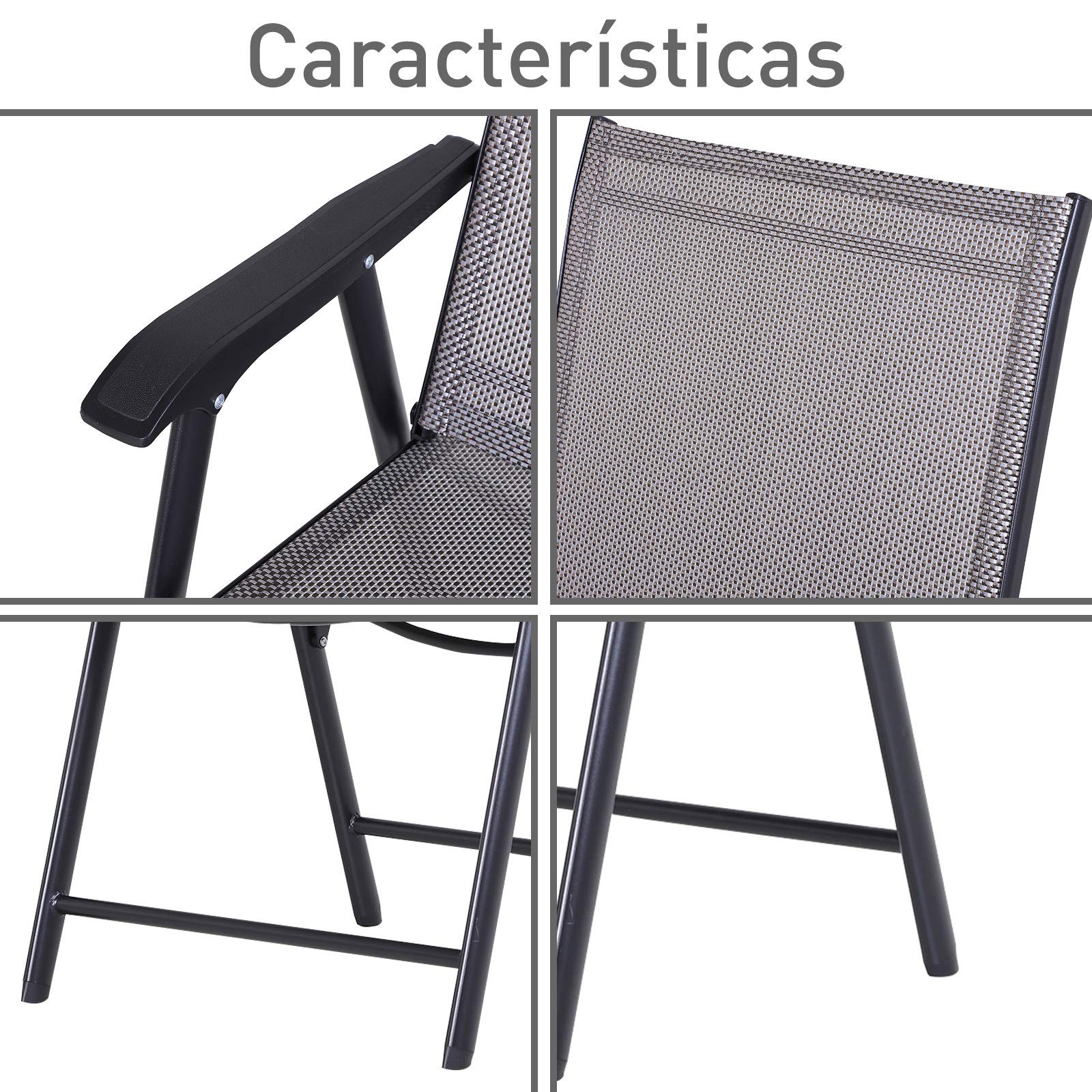 Outsunny Conjunto de 2 Sillas Plegables para Exterior 58x64x94 cm Gris | Con Reposabrazos, Sillas para Balcones Jardín Terraza, Metal Texteline, Carga 110 kg
