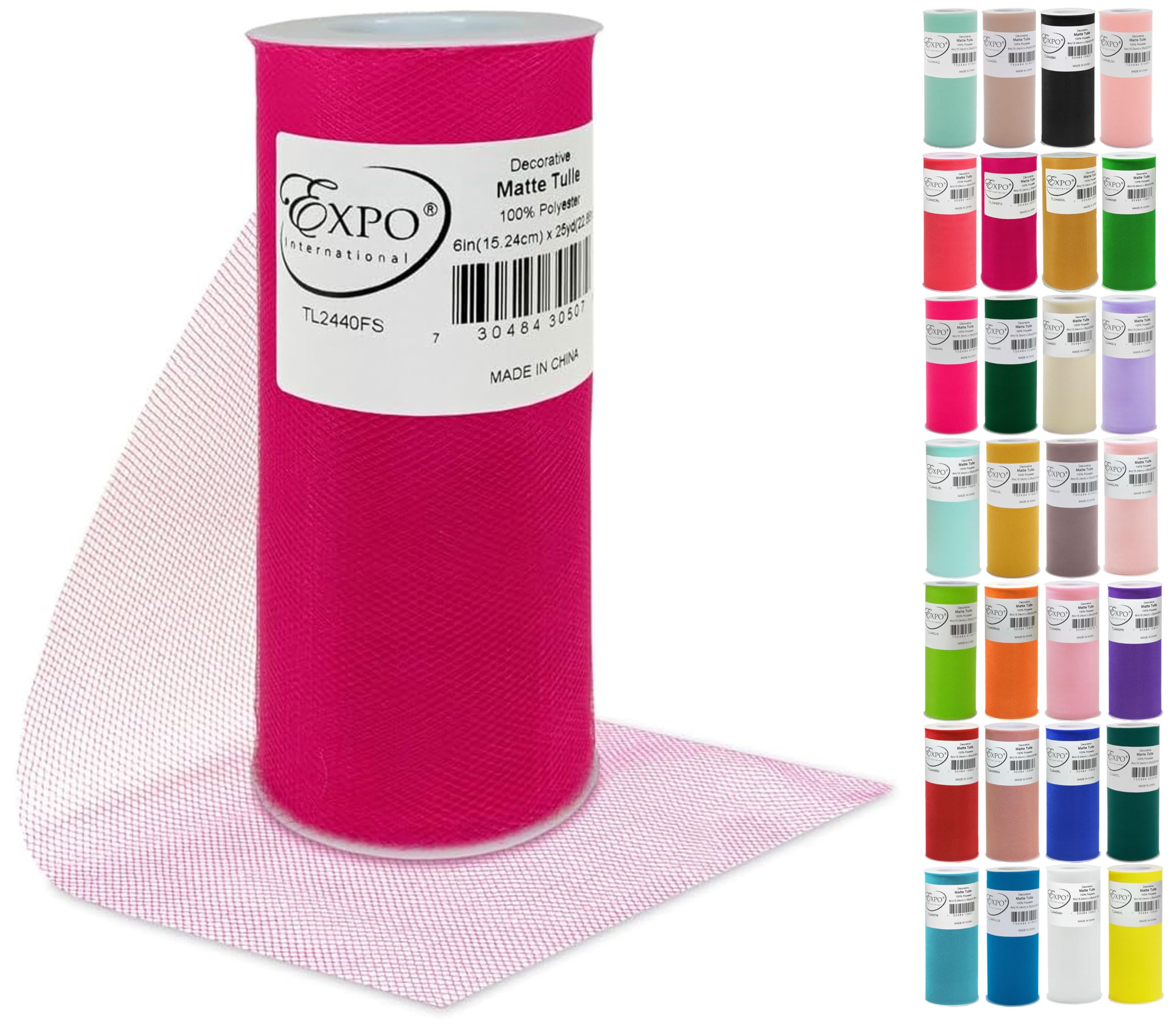 Expo International Decorative Matte Tulle, Lightweight Polyester Tulle Fabric for Tutus, Costumes, and Party Decorations, Washable, Easy-to-Use, 6 Inch x 25 Yards, Fuchsia, Pack of 1