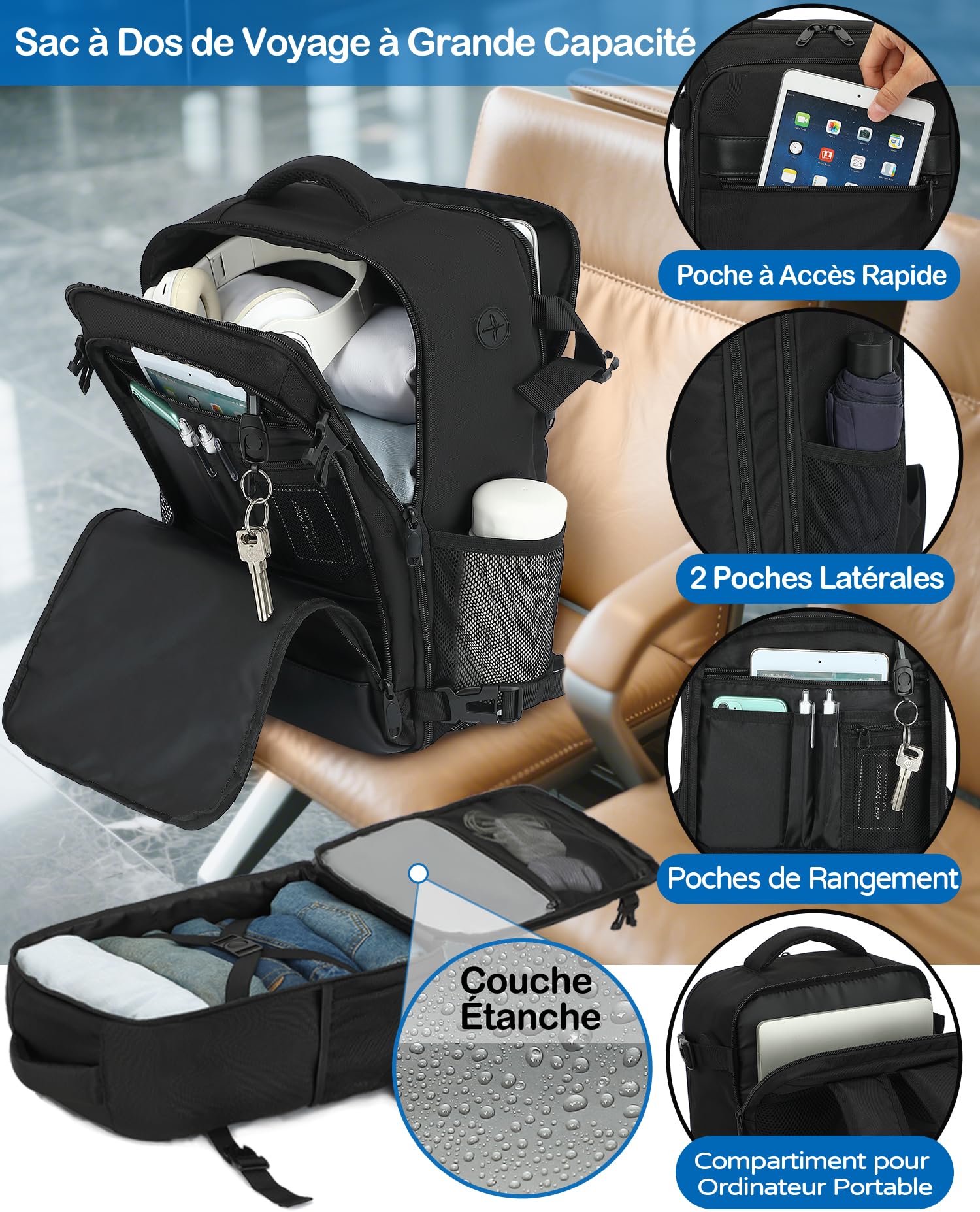 KLOSTAIN Sac a Dos Voyage Cabine Avion 40x20x25 Bagage Cabine pour Ryanair 20 L Femme Homme sous Siège Bagage à Main Petit Sac à Dos pour Ordinateur Portable 14 Pouces Noir