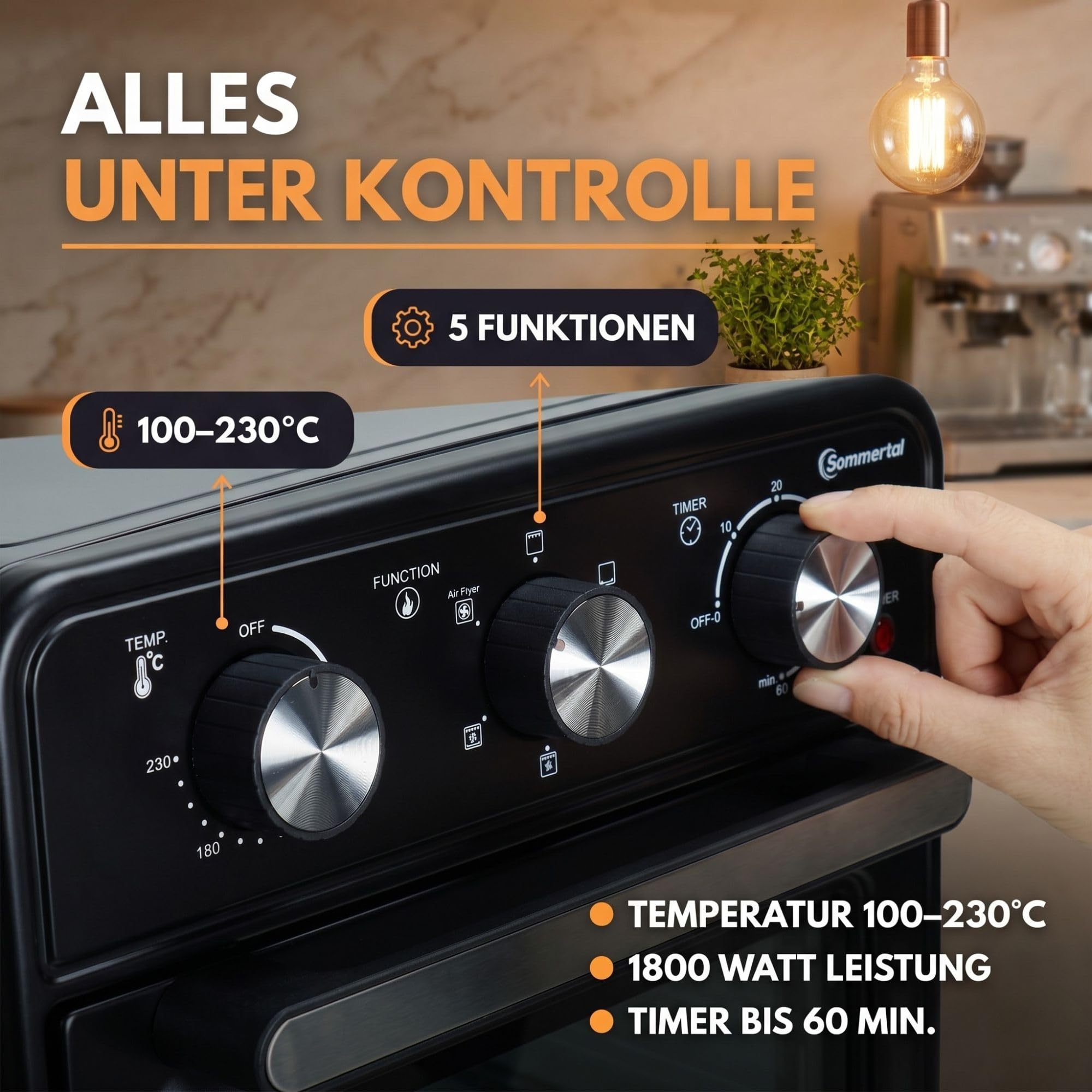 Sommertal Mini forno da 20 litri con convezione e friggitrice ad aria calda, mini forno da 1800 W per cuocere, grigliare e pizza, forno da tavolo piccolo con funzione Airfryer, 100 – 230 °C, timer da