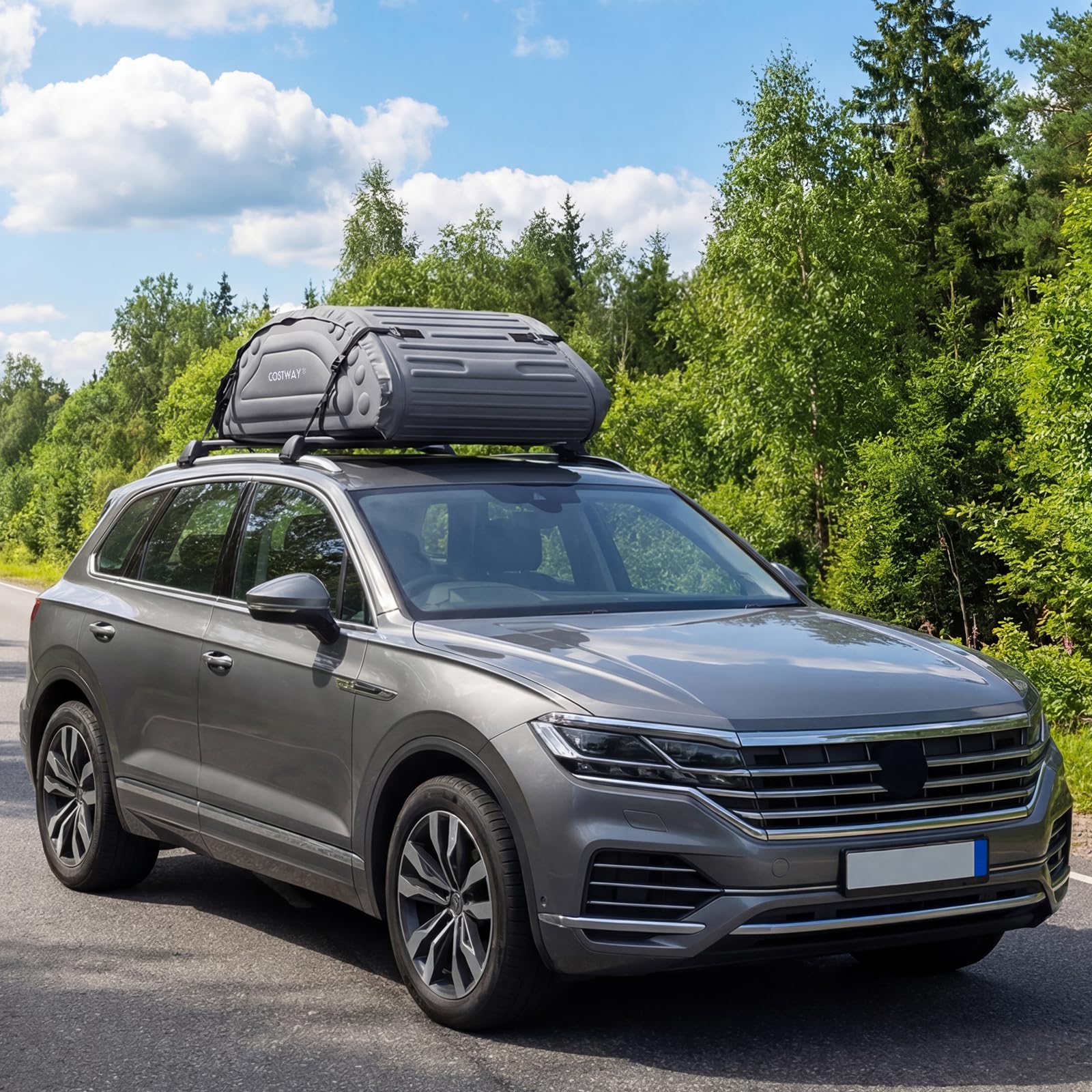 COSTWAY Borsa da Tetto per Auto Impermeabile 14Cu.Ft/400L, Box Tetto Universale Pieghevole con Borsa+ 4 Cinghie Rinforze+ 4 Ganci, Portabagagli per Tutti i Veicoli con/senza Barre Portapacchi (Grigio)