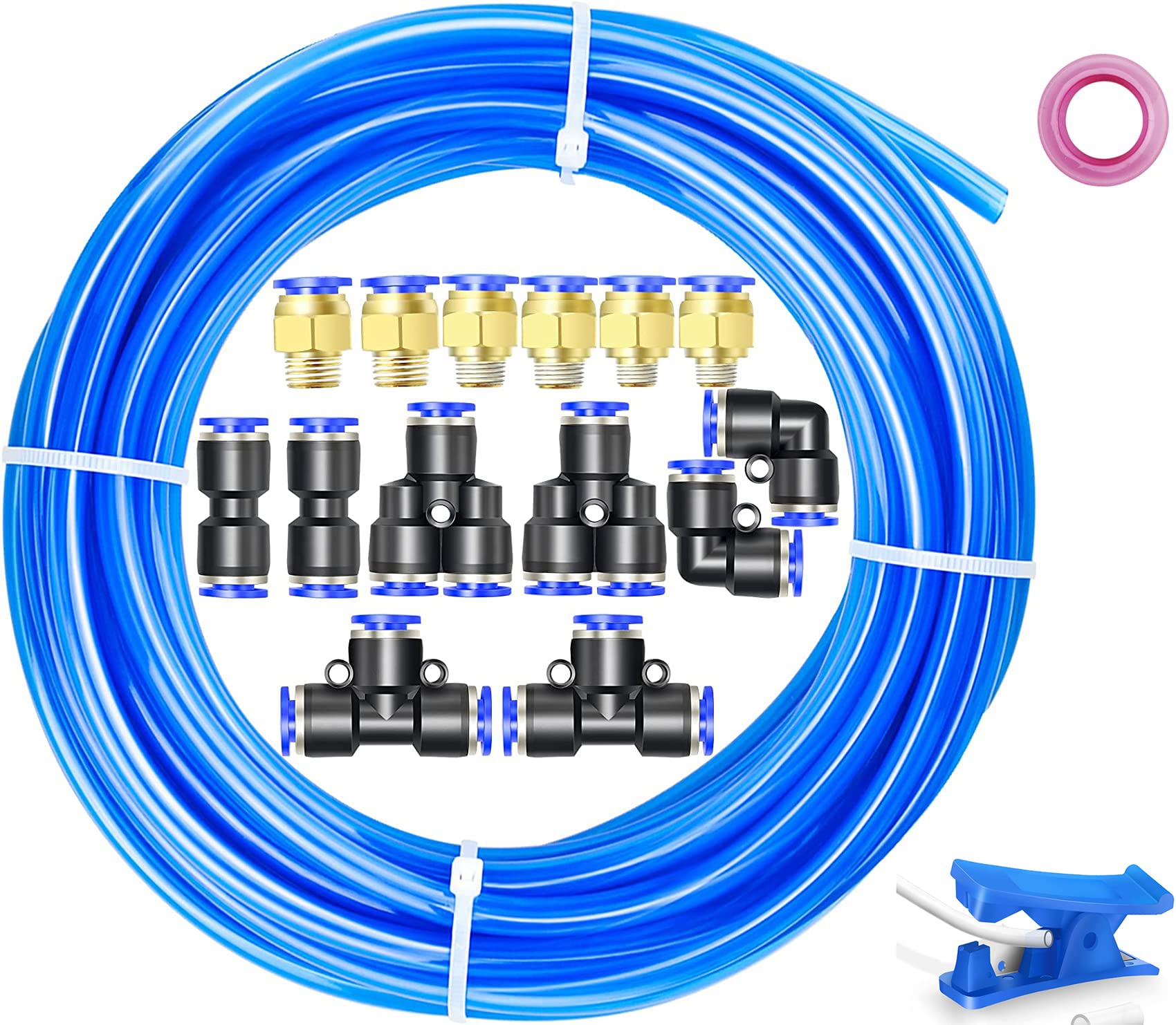 Tubo Flessibile in Poliuretano Blu da 10 Metri, Diametro Esterno 16 mm X 12 mm, tubo dell'aria in PU con 14 Kit di Connettori e Taglierina, Flessibile e Resistente Agli Agenti Atmosferici