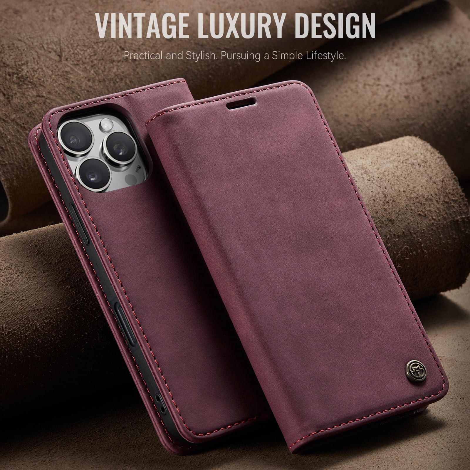 Samokor Cover per iPhone 16 Pro 5G Pelle Flip Custodia Cavalletto Portafoglio Magnetica Carta Fessura Antiurto per iPhone 16 Pro 5G,Vino Rosso