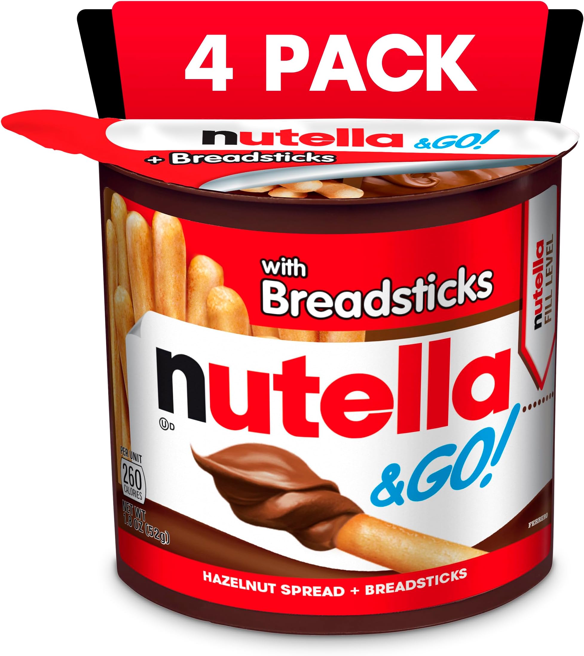 Nutella and Go Snack Packs, Chocolate Hazelnut Spread with Breadsticks, Perfect Bulk Snacks for Kids' Lunch Boxes, 1.8 oz, Pack of 4
