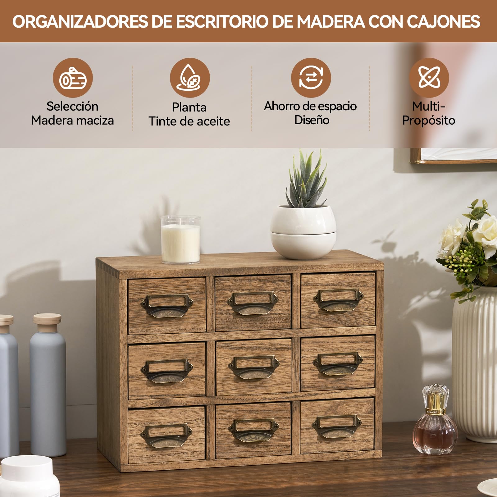 KIRIGEN Cajonera de Madera, Caja de Escritorio, 9 Cajones, Marrón Oscuro | Paulonia maciza; 36 x 16 x 26,6 cm; tiradores metálicos; clasifica material de oficina y objetos pequeños