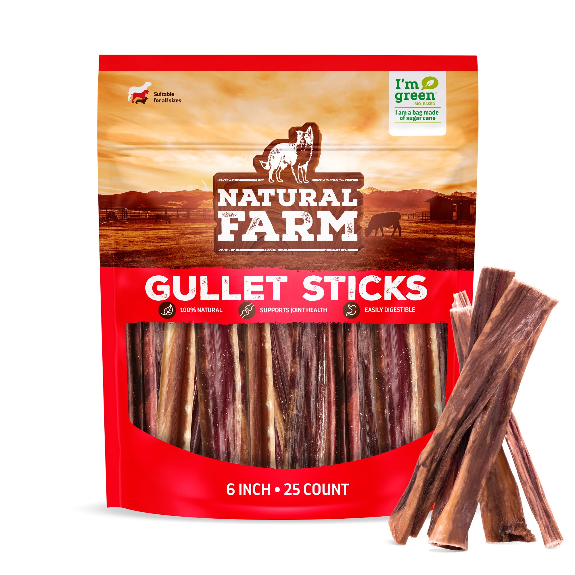 Natural Farm Gullet Sticks (6 Inch, 25 Pack), Grain-Free, Preservative-Free & Fully Digestible Beef Esophagus – Gentle Yet Effective Fun - Best for Light, Pups & Senior Chewers