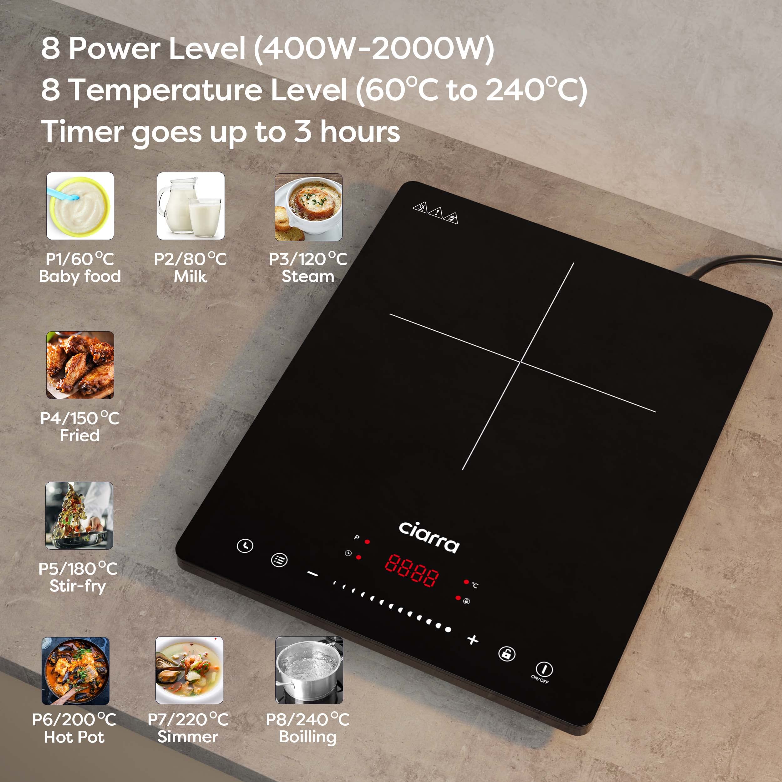 CIARRA CBTIH1 Piano Cottura a Induzione 2000W 8 Livelli Controllo Touch Sicurezza Multiplo Timer Spegnimento Automatico Blocco Bambini Vetro Ceramico Nero