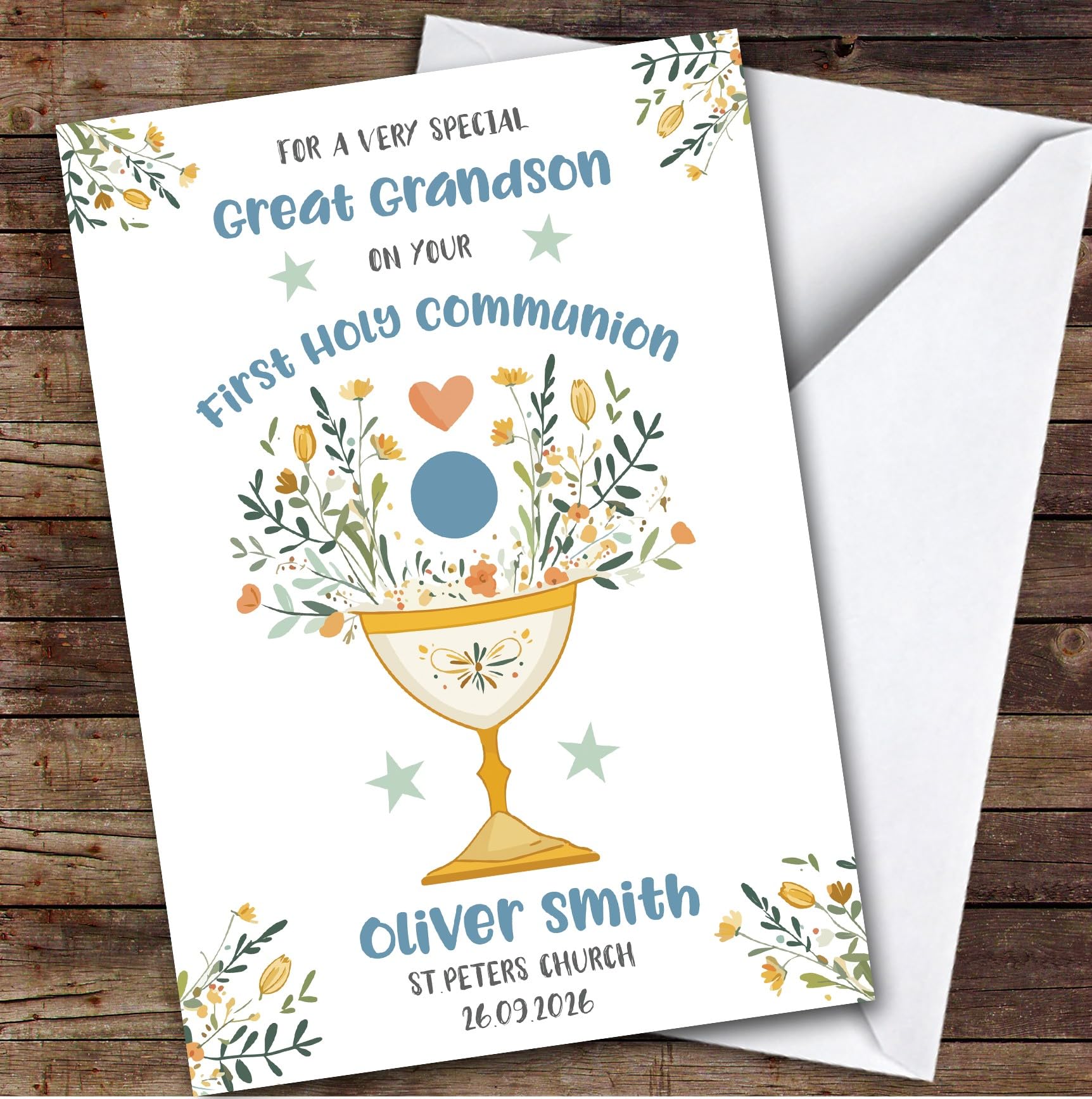 Personalised First Holy Communion Card For Great Grandson Blue Chalice | Custom Greetings Card For First Holy Communion Any Text