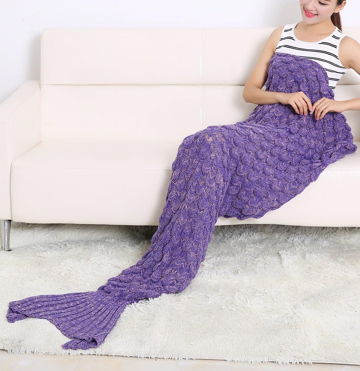 FADFAY Fish Scale Mermaid Tail Blanket Sleeping Throws for Kid and Adult 35''*76''New Purple