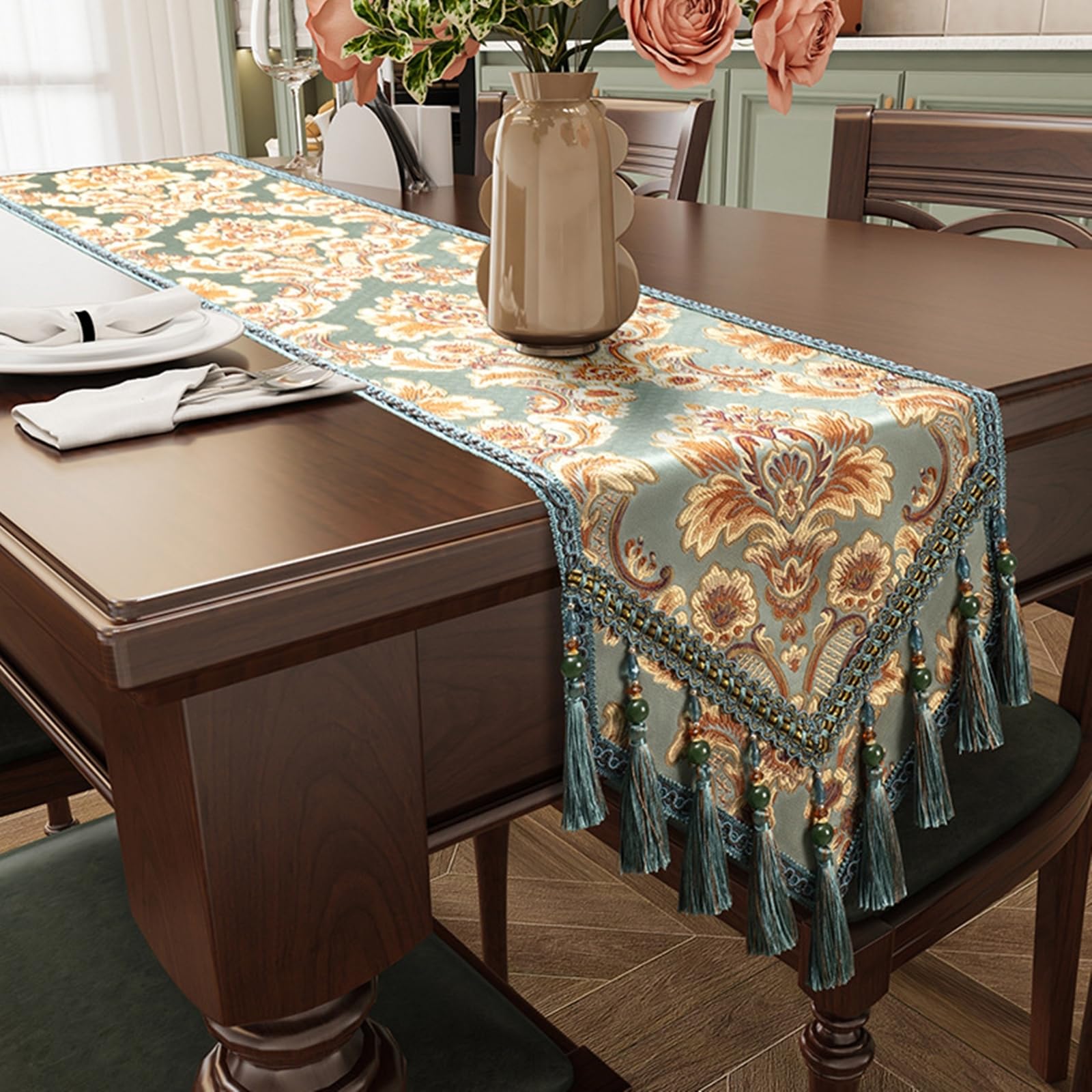 Tischläufer Landhausstil Polyester Leinen, Tischläufer Modern 35x260 cm, Nordisch Jacquard mit Floralem Muster und Quasten