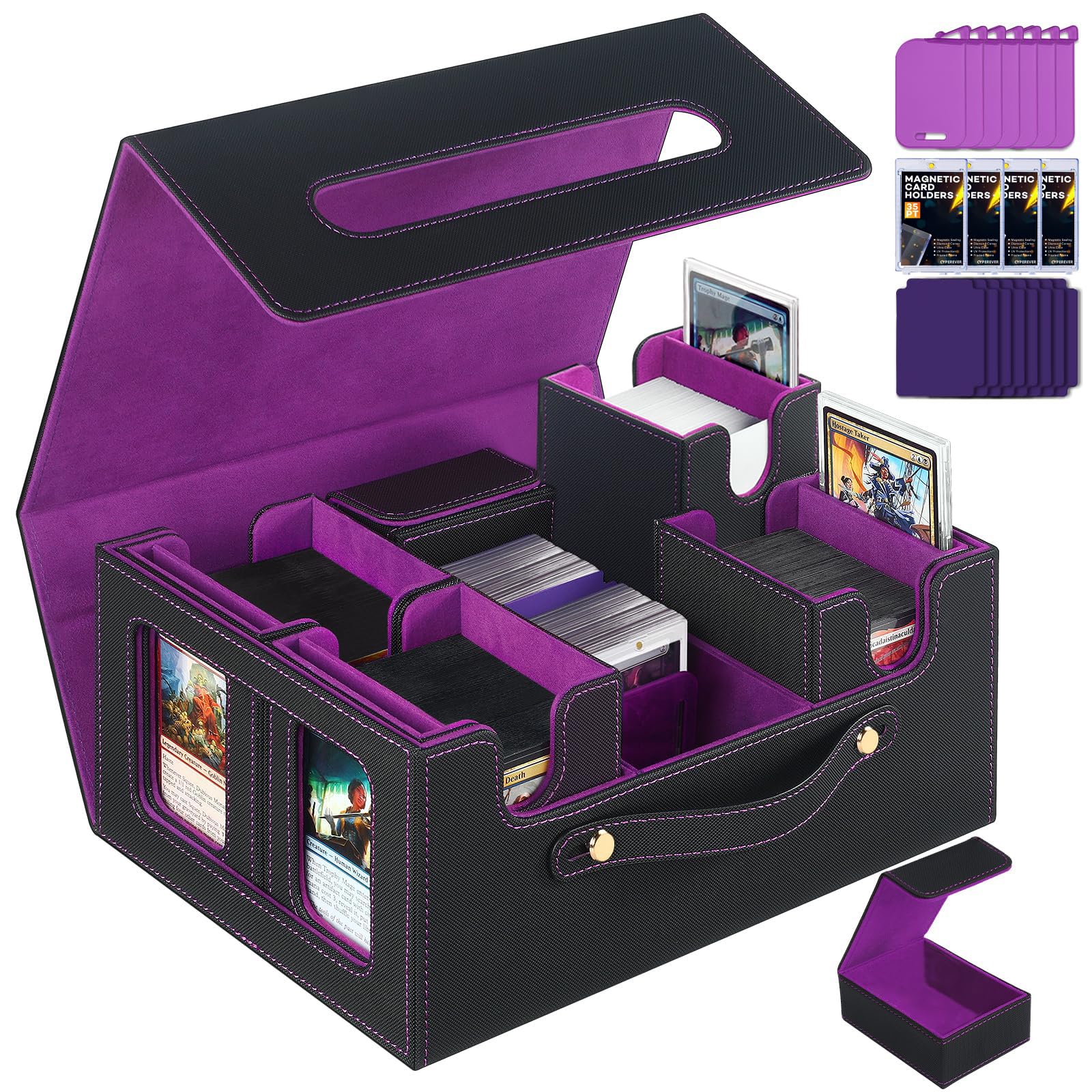 CyperEver Trading Card Storage Box for MTG TCG, Card Storage Box with Commander Display, Multi-purpose MTG Deck Box for Graded Card Storage with 4 Toploaders, 8 Stoppers, 8 Dividers (Black & Purple) — image 1
