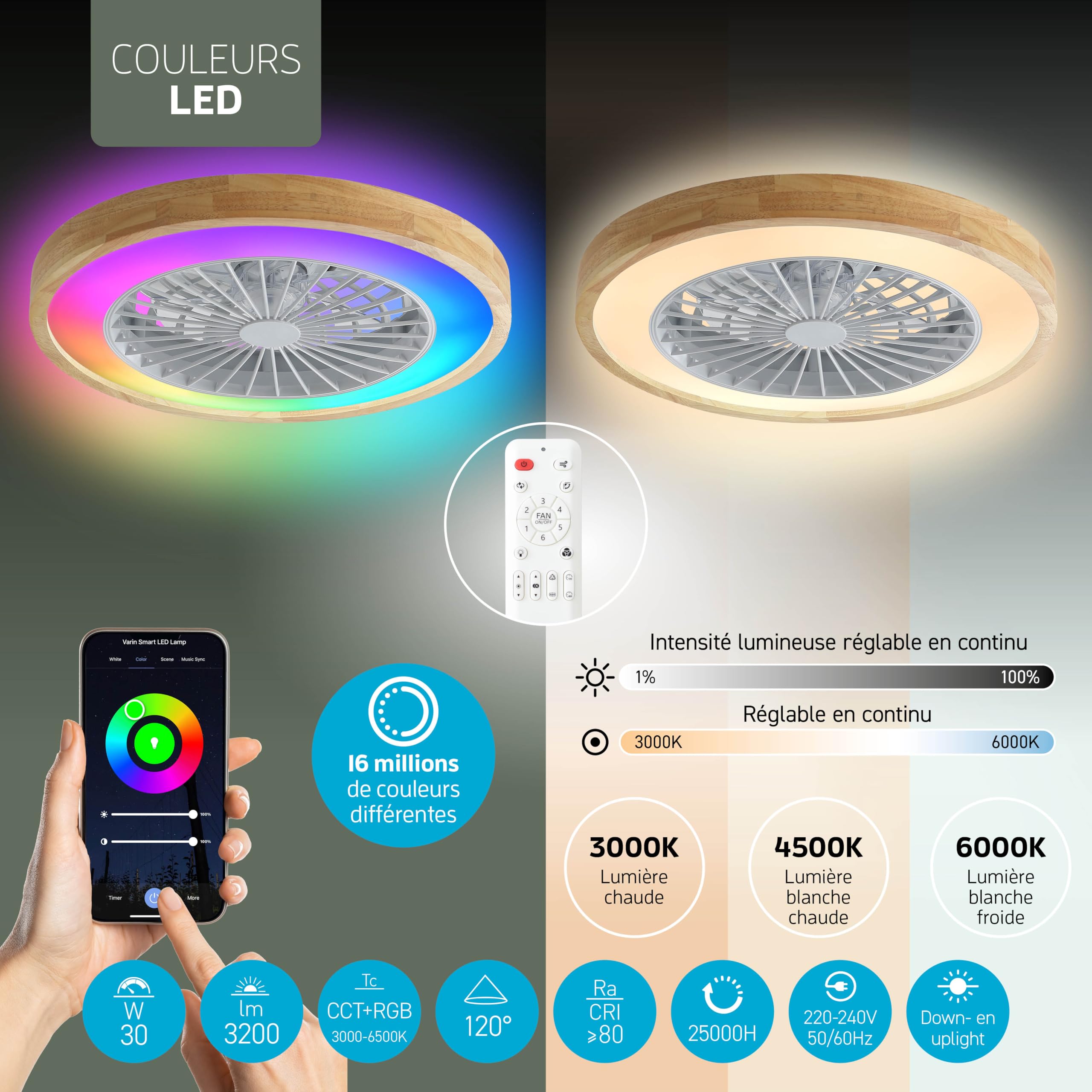 Varin Ventilateur Plafond avec Lumiere Intelligent, Plafonnier Silencieux Chambre, Tuya Wi-Fi LED 30W RGBW Ø 50 cm Télécommande 3000K-6000K Bois Clair