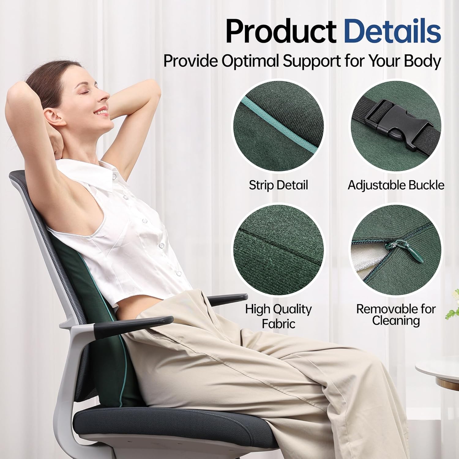 Lumbar Support Pillow for Office Chair, Back Support Pillow with Memory Foam, Relieves Back Pain, Removable Washable Cover & Adjustable Strap, for Car/Gaming Chair,Gift-Dark Green