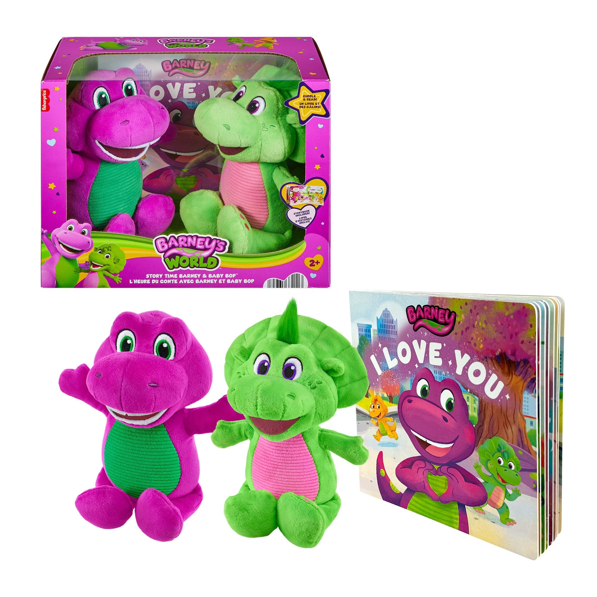 Barney’s World Toddler Toys by Fisher-Price, 9 inch Barney & Baby Bop plushes with Story Book for Cuddling up at Reading time, Kids Ages 2+ Years