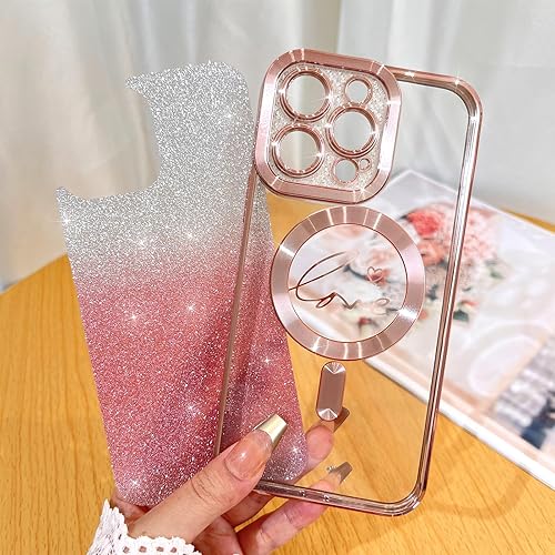 Miniatura 3 de Fiyart - Funda transparente magnética con purpurina para iPhone 13 Pro para mujeres, con grabado "Love" metálico, protección para cámara y